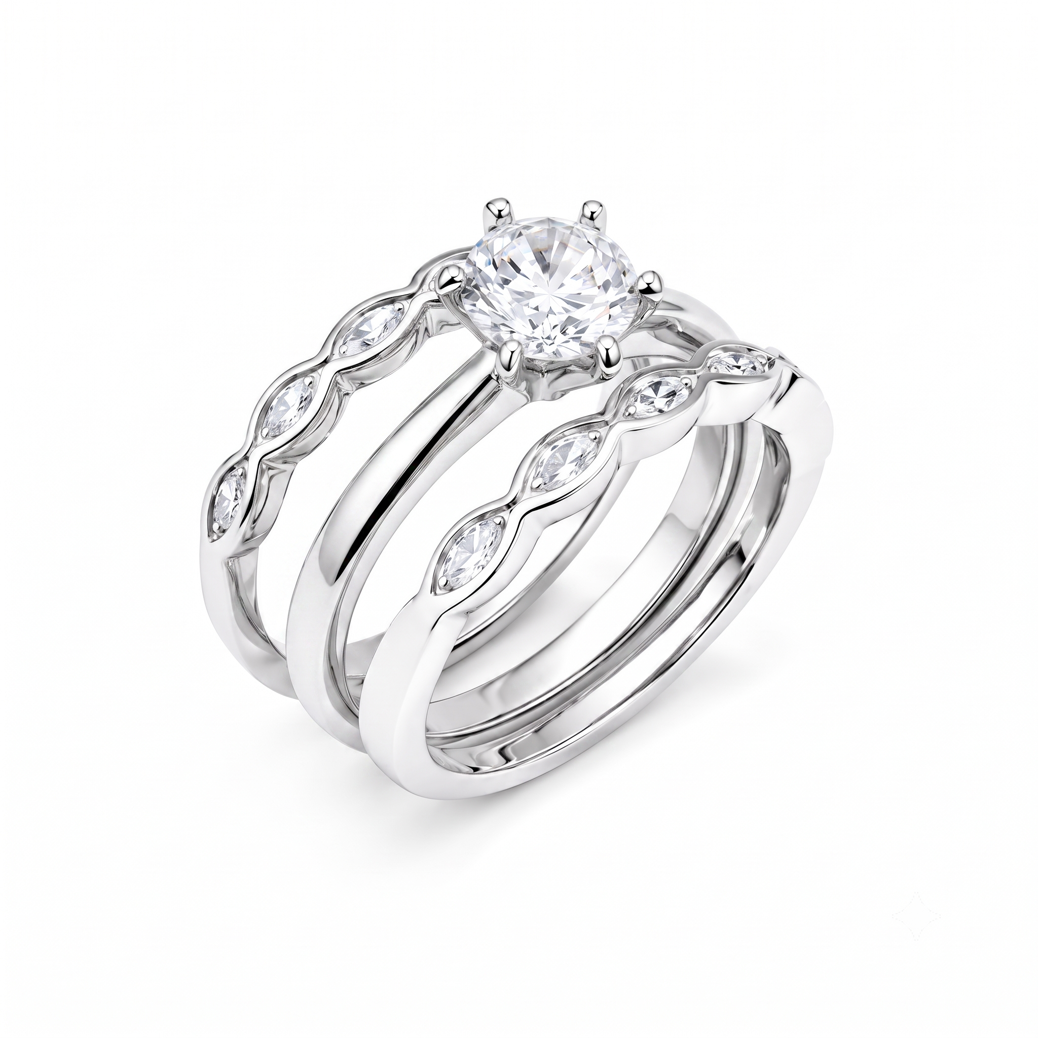 Rhodium Plated 925 Silver Clear Round Center CZ Bridal Engagement Trio Ring Set - BGR00507