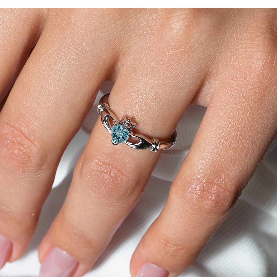 March Sterling Silver 925 Rhodium Plated CZ Center Birthstone Claddagh Ring - BGR01083MAR