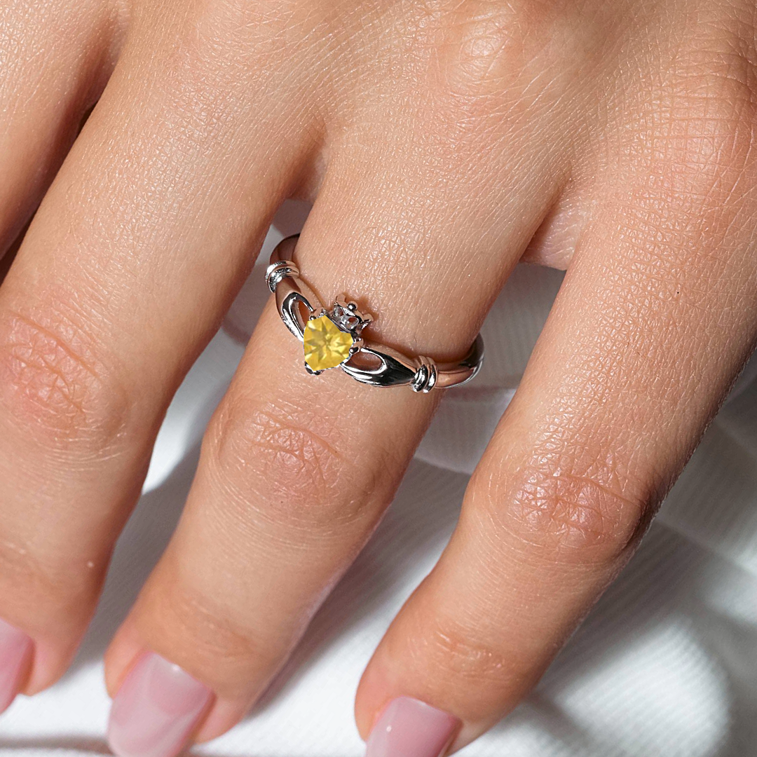 November Sterling Silver 925 Rhodium Plated CZ Center Birthstone Claddagh Ring - BGR01083NOV