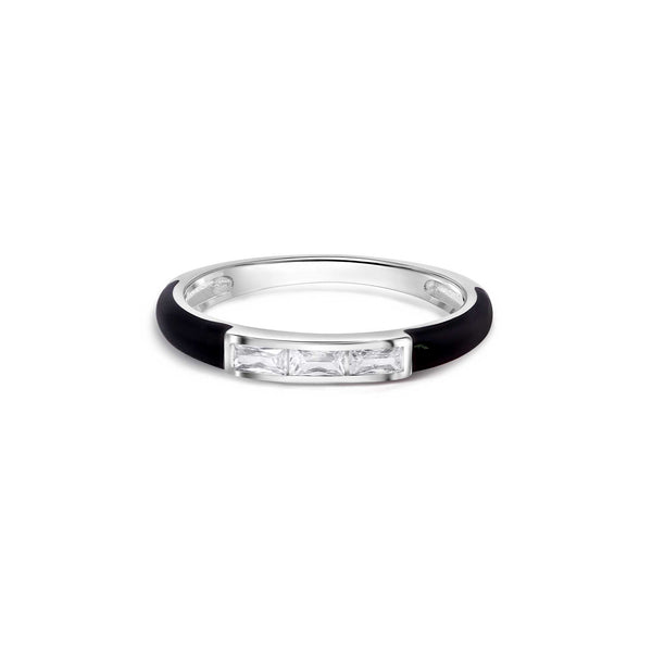 Rhodium Plated 925 Sterling Silver Clear Black Enamel Baguette CZ 2.5mm Ring - BGR01373
