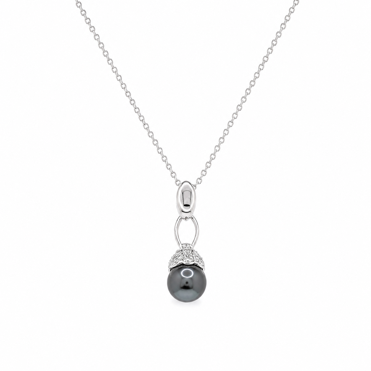 Juego de aretes colgantes y collar colgante con circonita transparente y perla negra chapada en rodio de plata 925 - BGS00001
