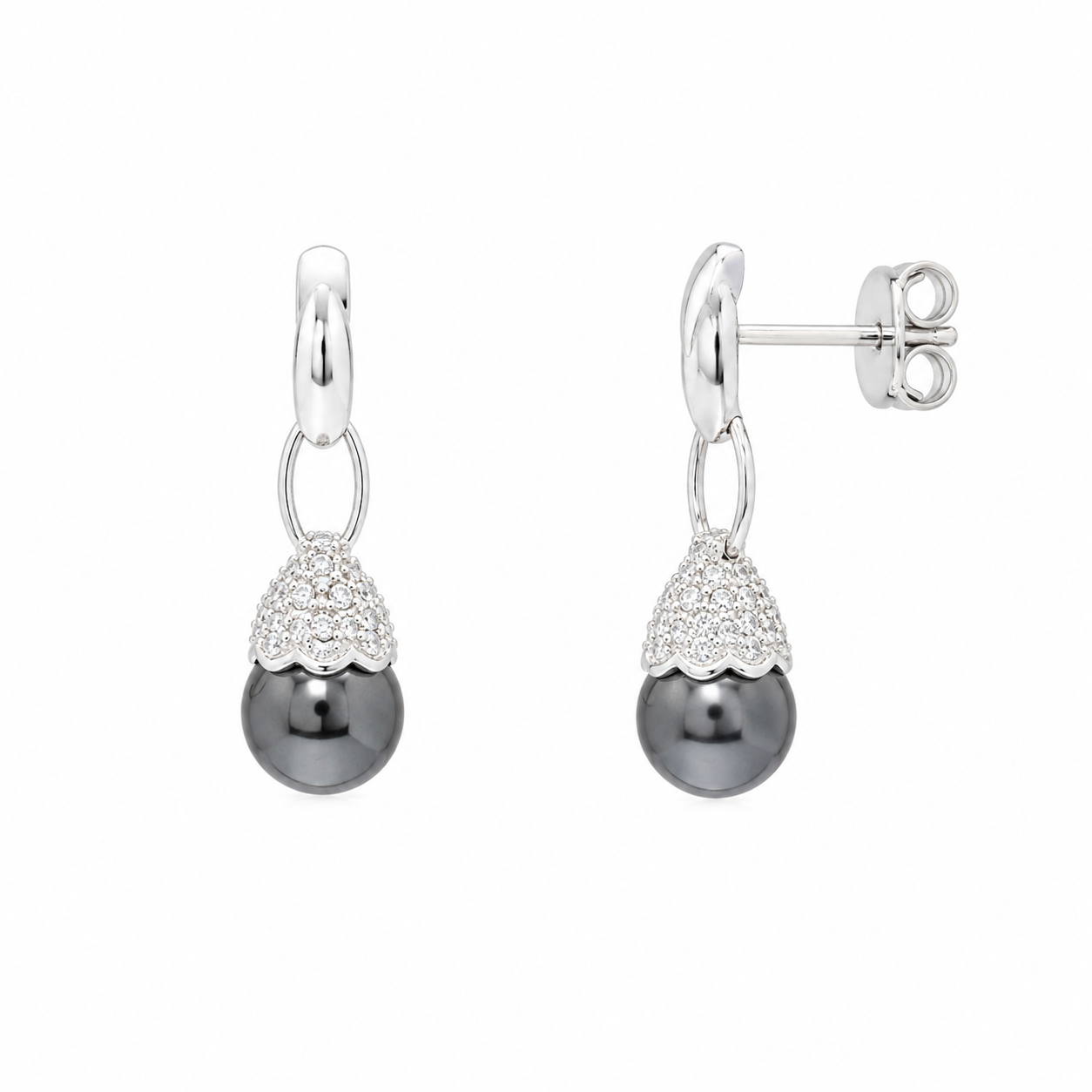 Juego de aretes colgantes y collar colgante con circonita transparente y perla negra chapada en rodio de plata 925 - BGS00001