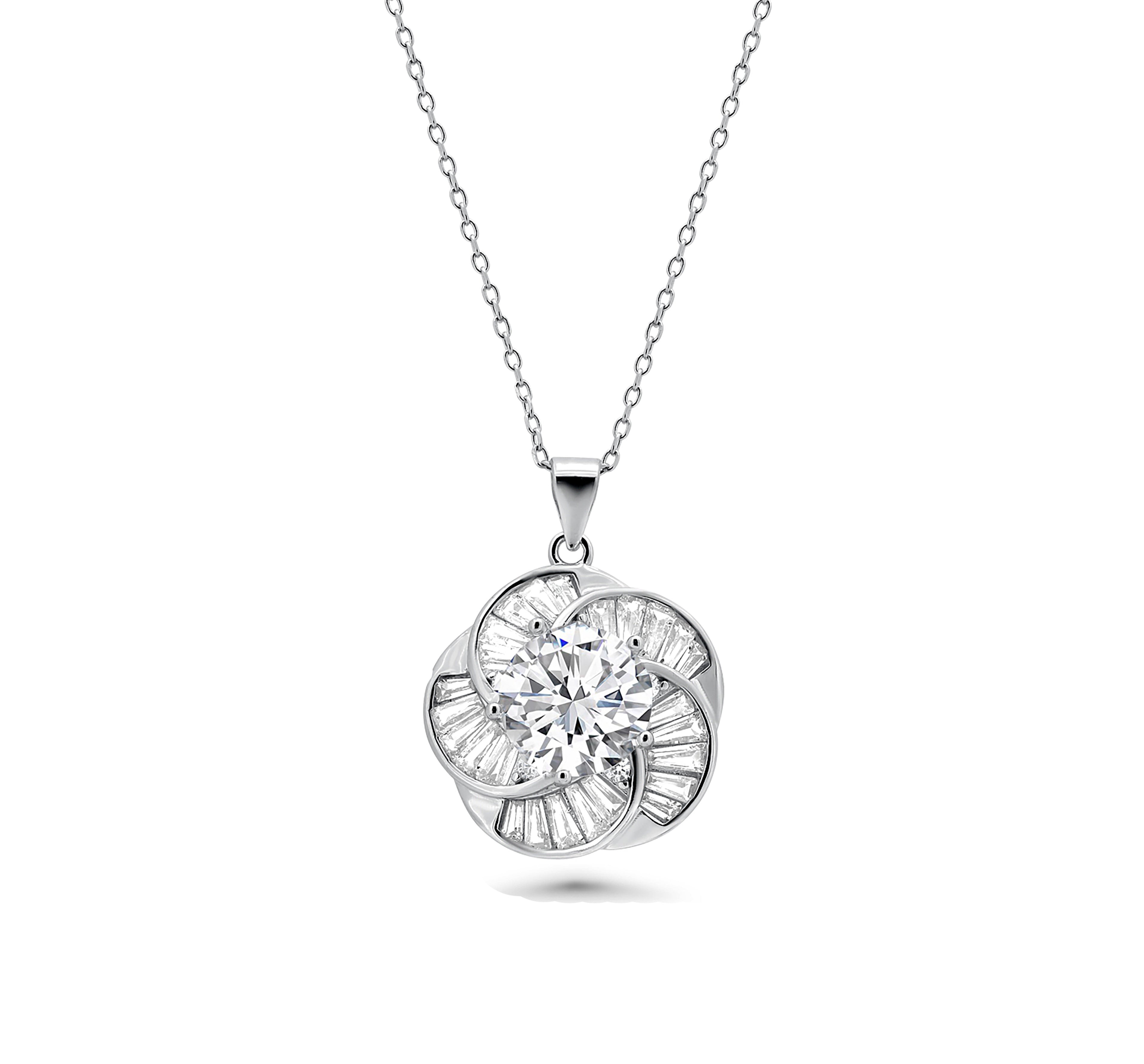 Rhodium Plated 925 Sterling Silver Clear Baguette Spiral Flower CZ Earring and Necklace Set - BGS00093