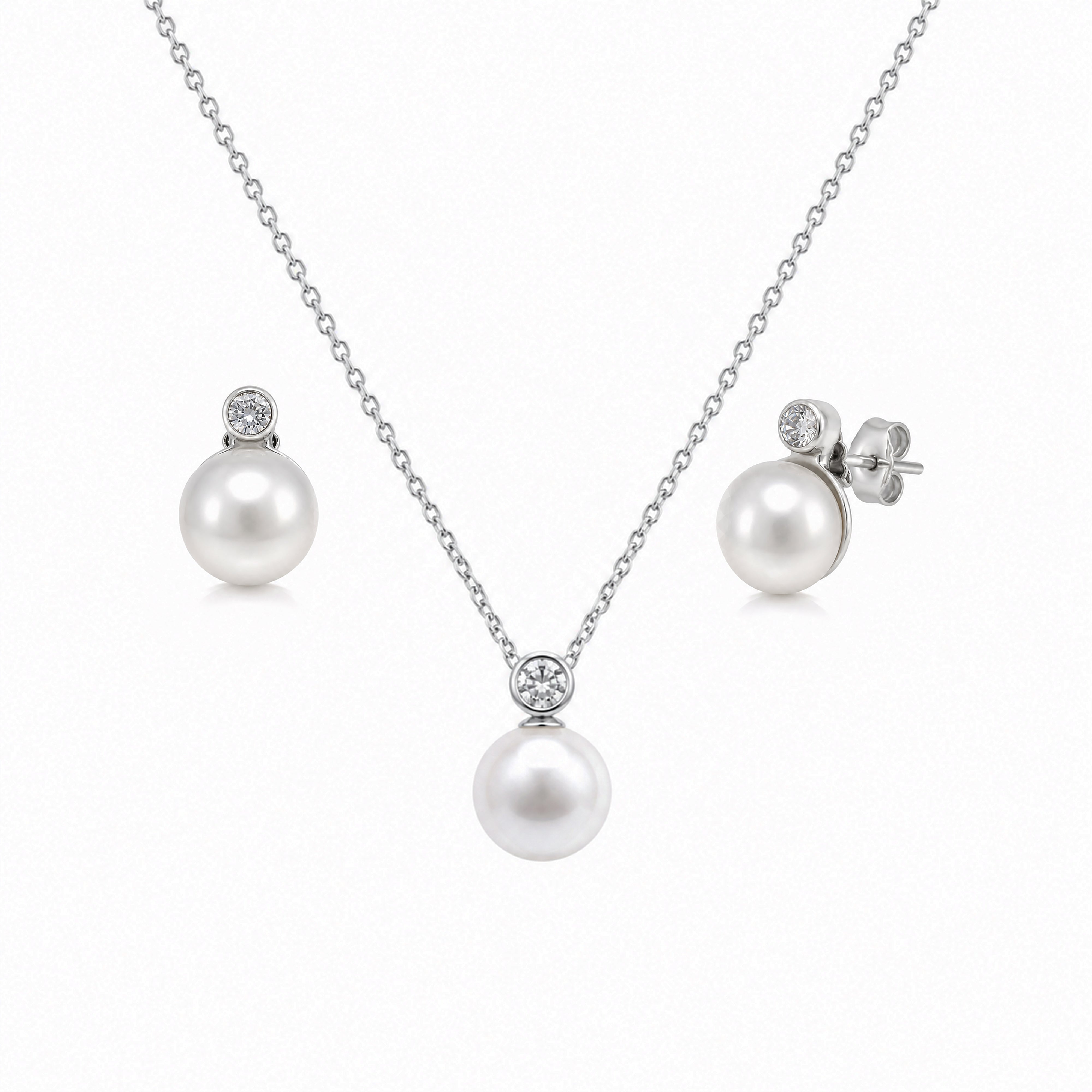 Rhodium Plated 925 Silver Fresh Water Pearl and Clear CZ Earring and Necklace Set - BGS00102