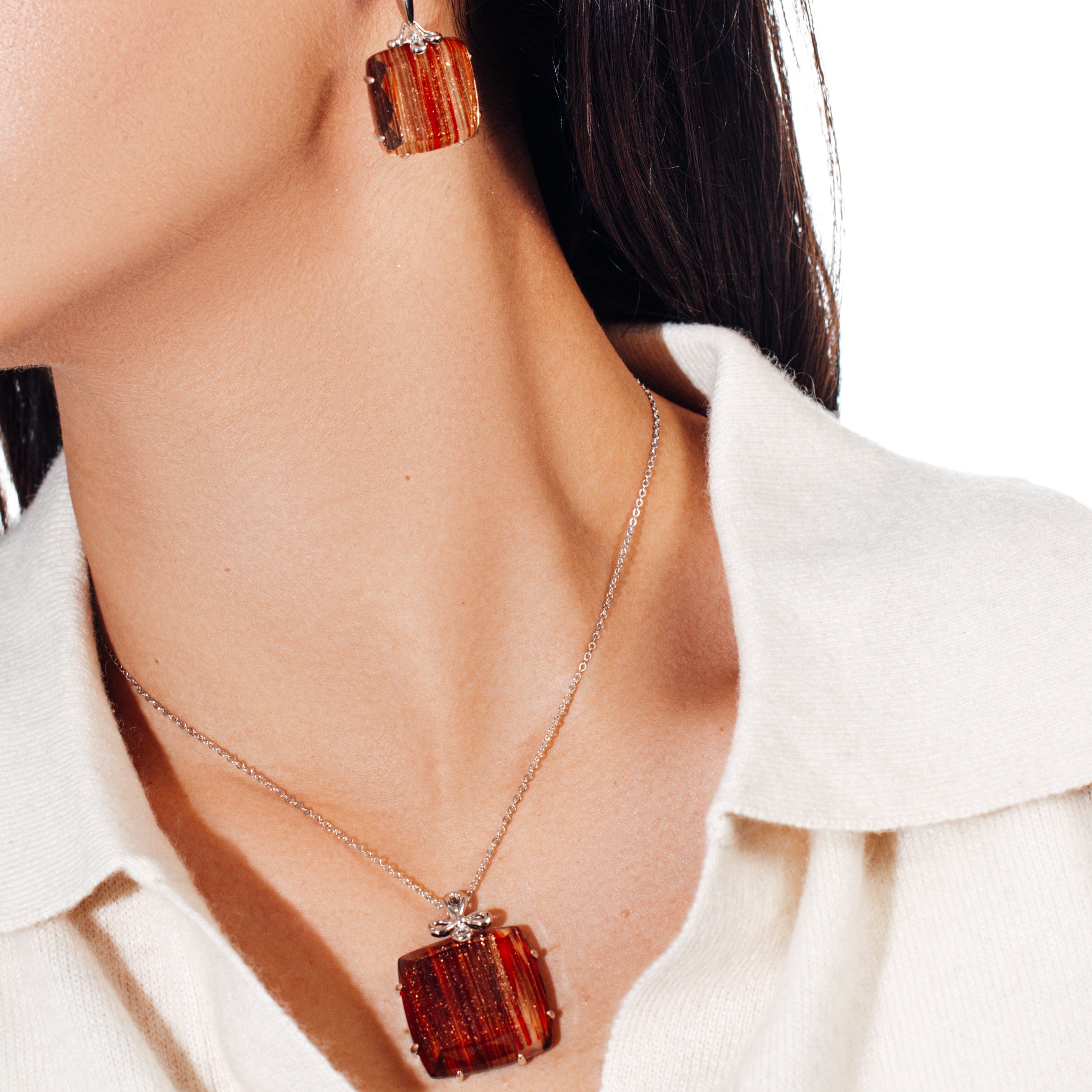 Clearance-Silver 925 Rhodium Plated Sandstone Square Stud Earring and Necklace Set - BGS00123