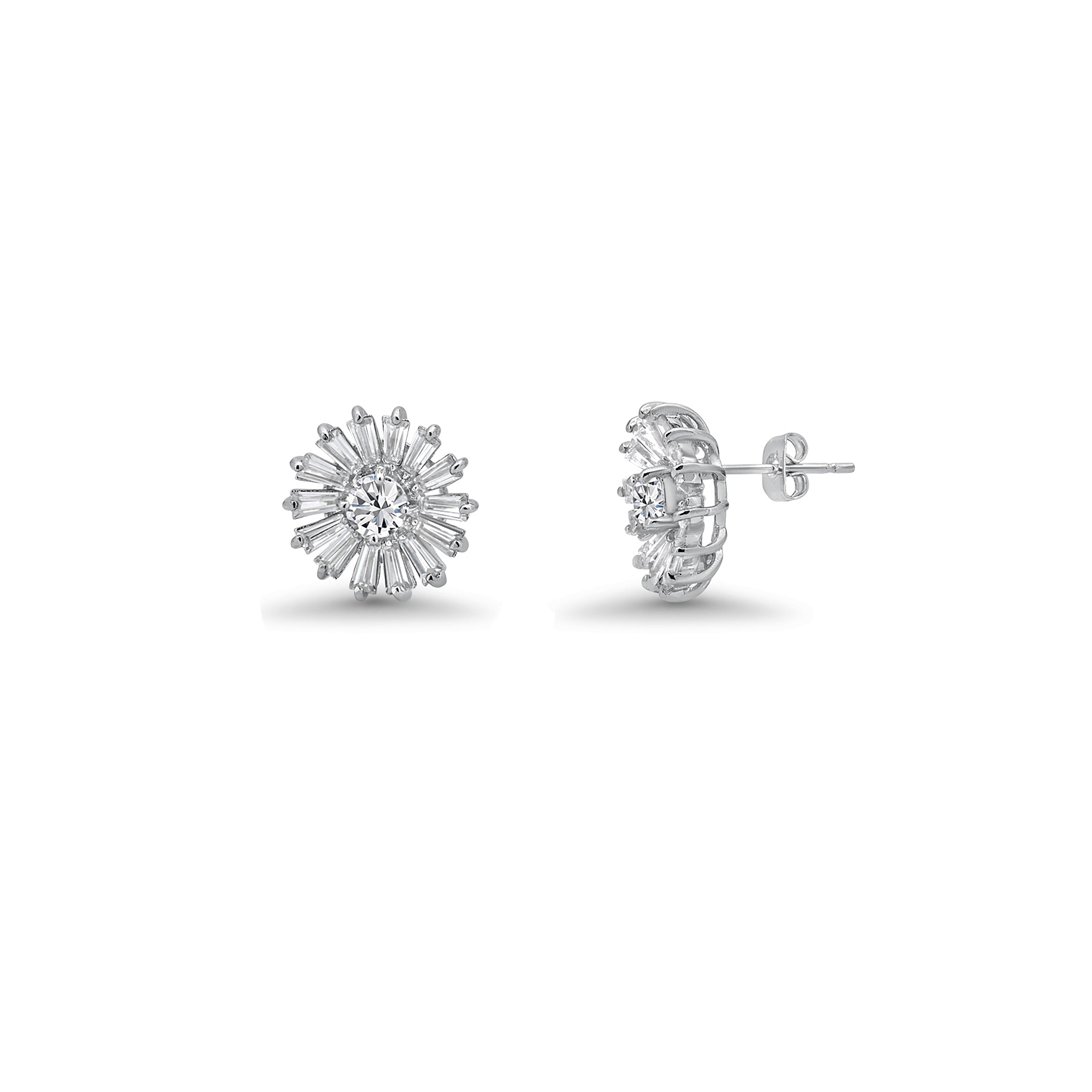 Rhodium Plated 925 Sterling Silver Clear Baguette Flower CZ Set - BGS00140