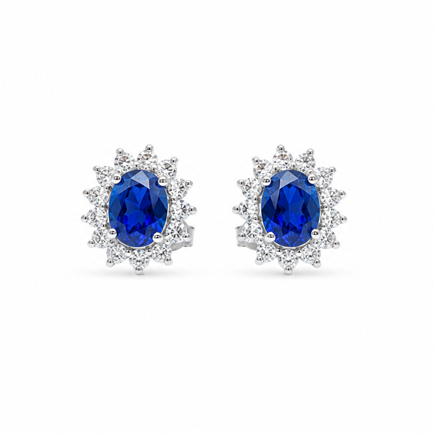 Rhodium Plated 925 Silver Blue and Clear Cluster Oval CZ Stud Earring and Necklace Set - BGS00172