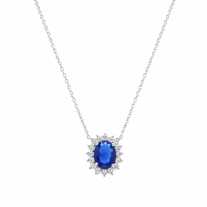 Rhodium Plated 925 Silver Blue and Clear Cluster Oval CZ Stud Earring and Necklace Set - BGS00172