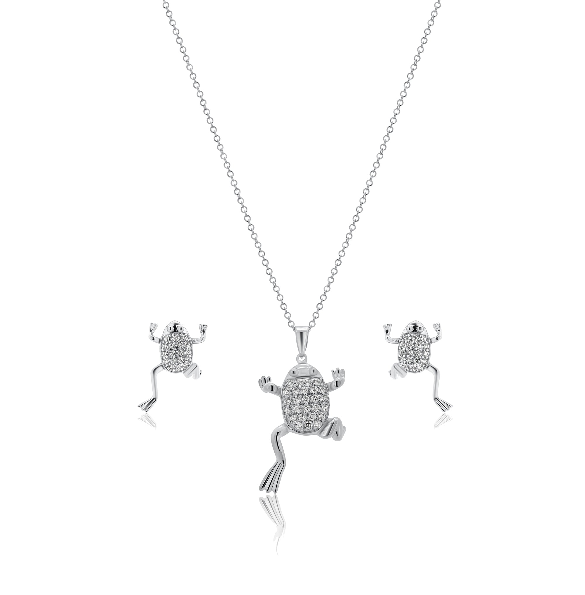 Clearance-Silver 925 Rhodium Plated Clear Climbing Frog CZ Stud Earring and Necklace Set - BGS00173