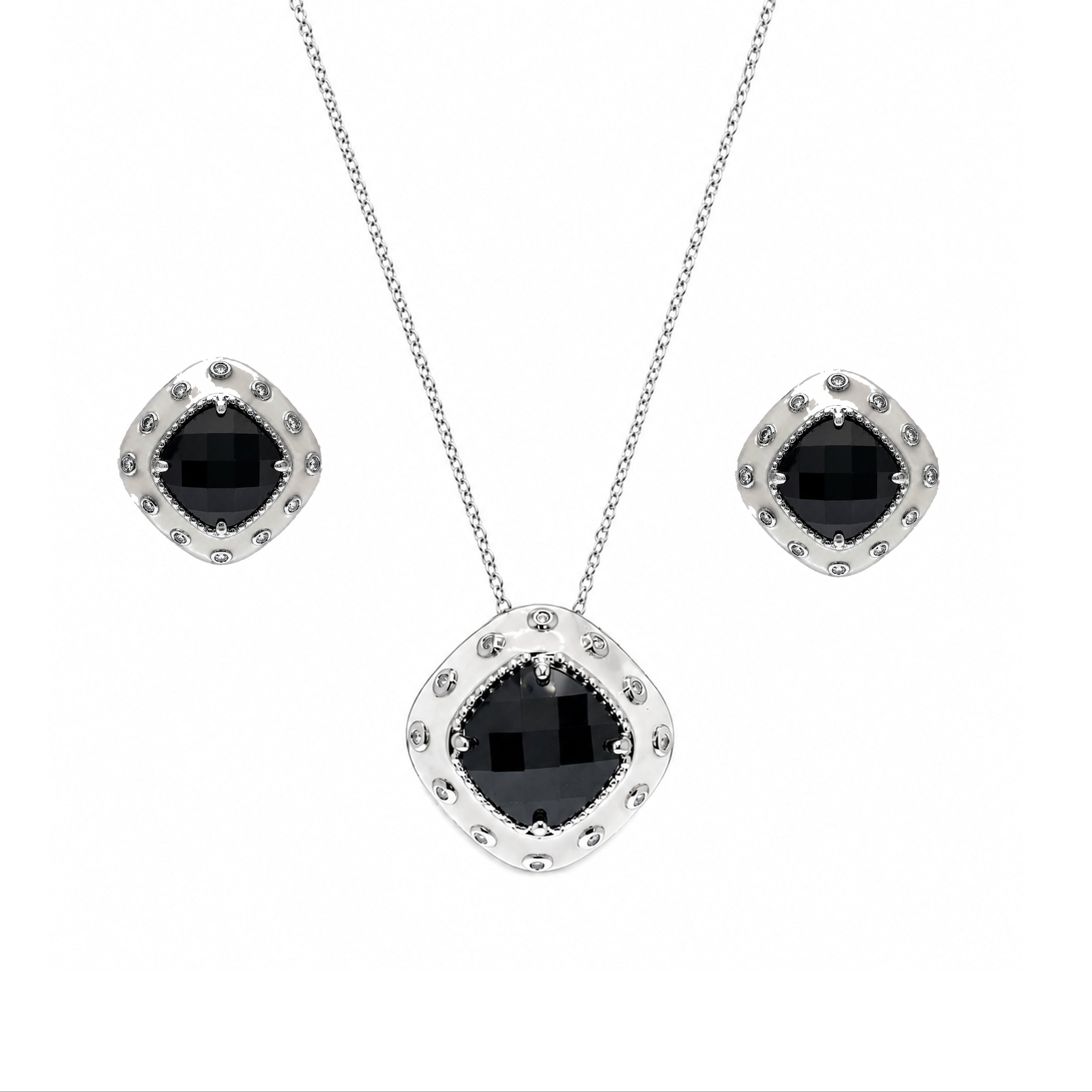 Clearance- Rhodium Plated 925 Silver White Enamel Black and Clear Square CZ Stud Earring and Necklace Set - BGS00176