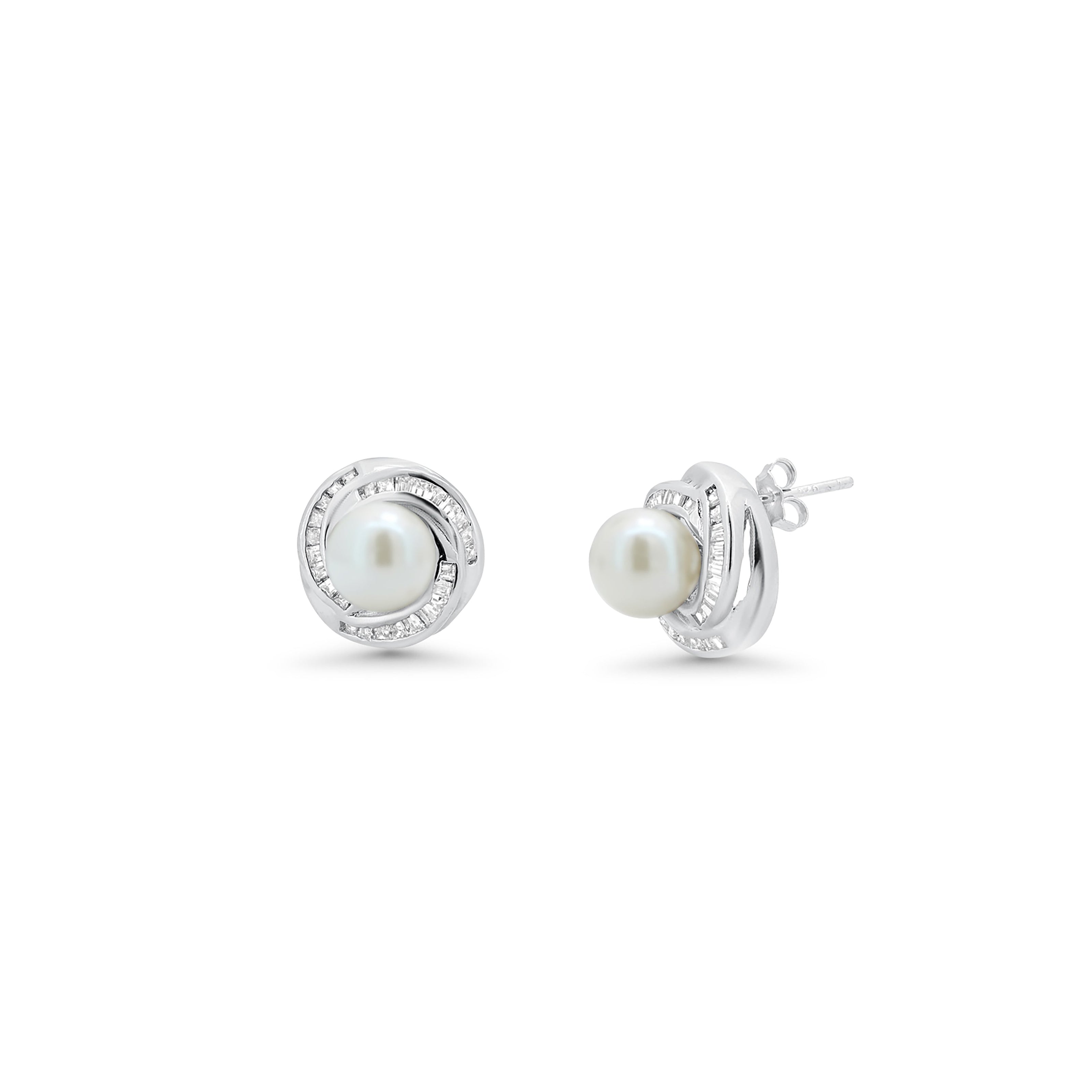 Rhodium Plated 925 Sterling Silver Clear Baguette CZ Pearl Center Stud Earring and Necklace Set - BGS00207