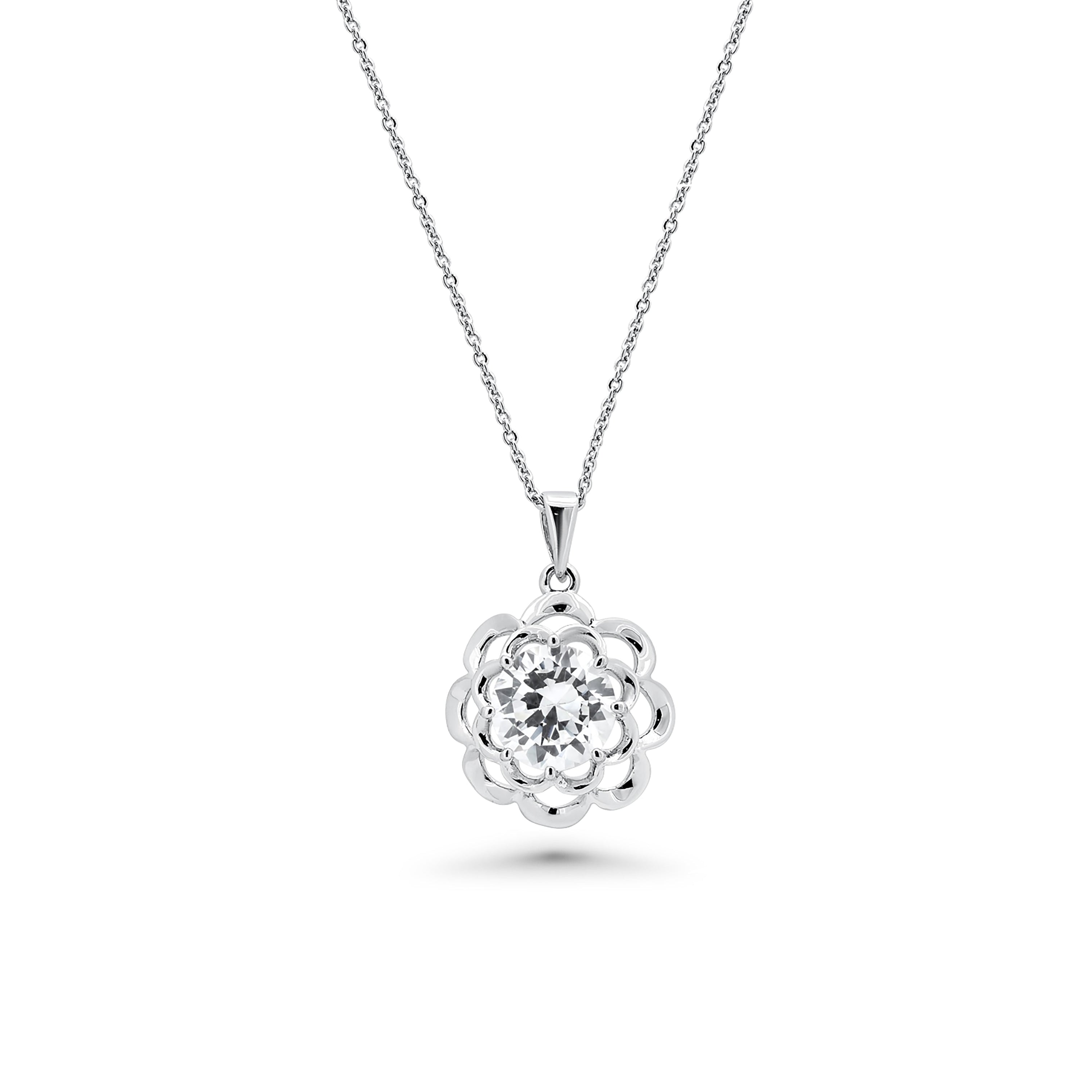 Rhodium Plated 925 Sterling Silver Clear Flower CZ Stud Earring and Necklace Set - BGS00248