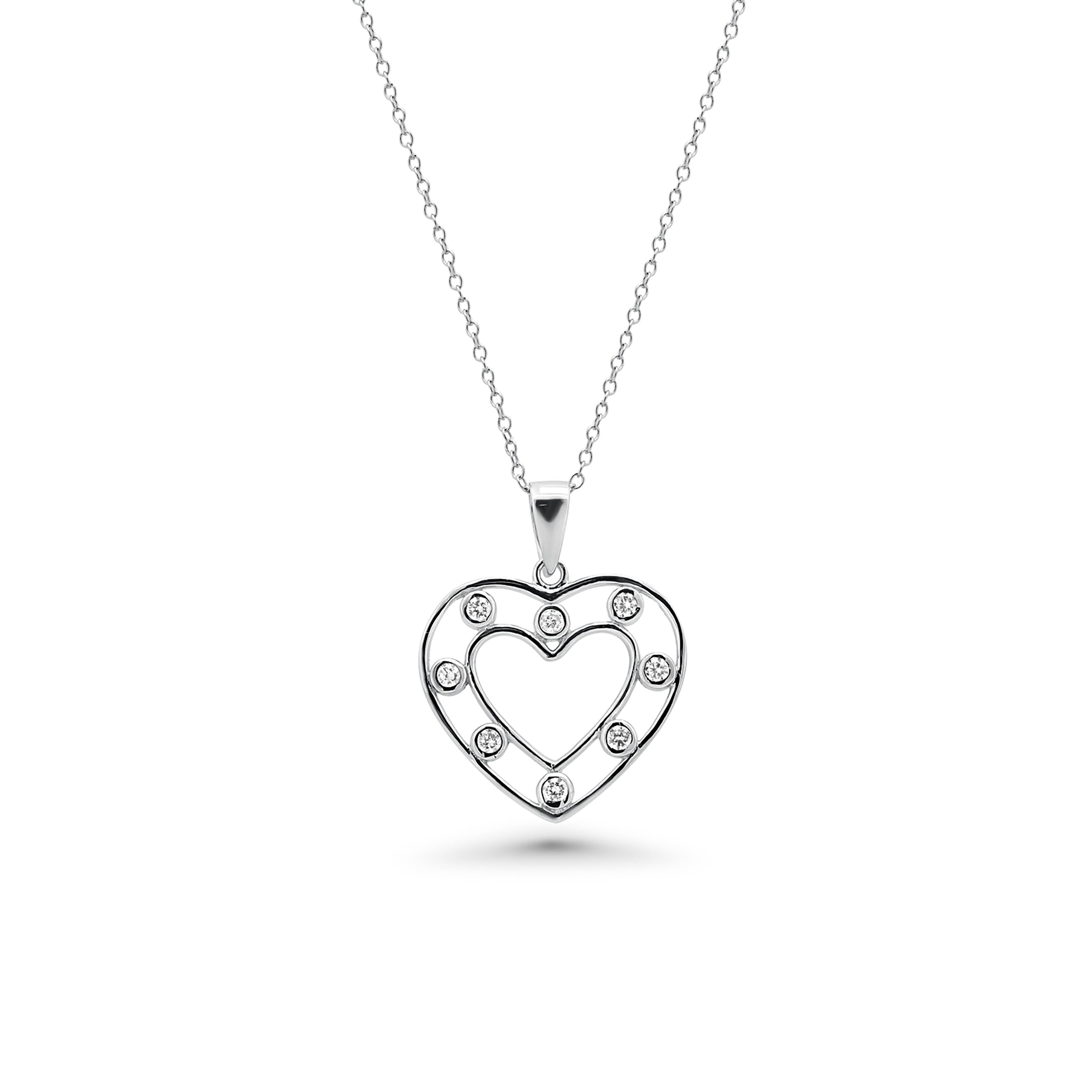 Rhodium Plated 925 Sterling Silver Clear Bezel CZ Open Outline Heart CZ Stud Earring and Dangling Necklace Set - BGS00262
