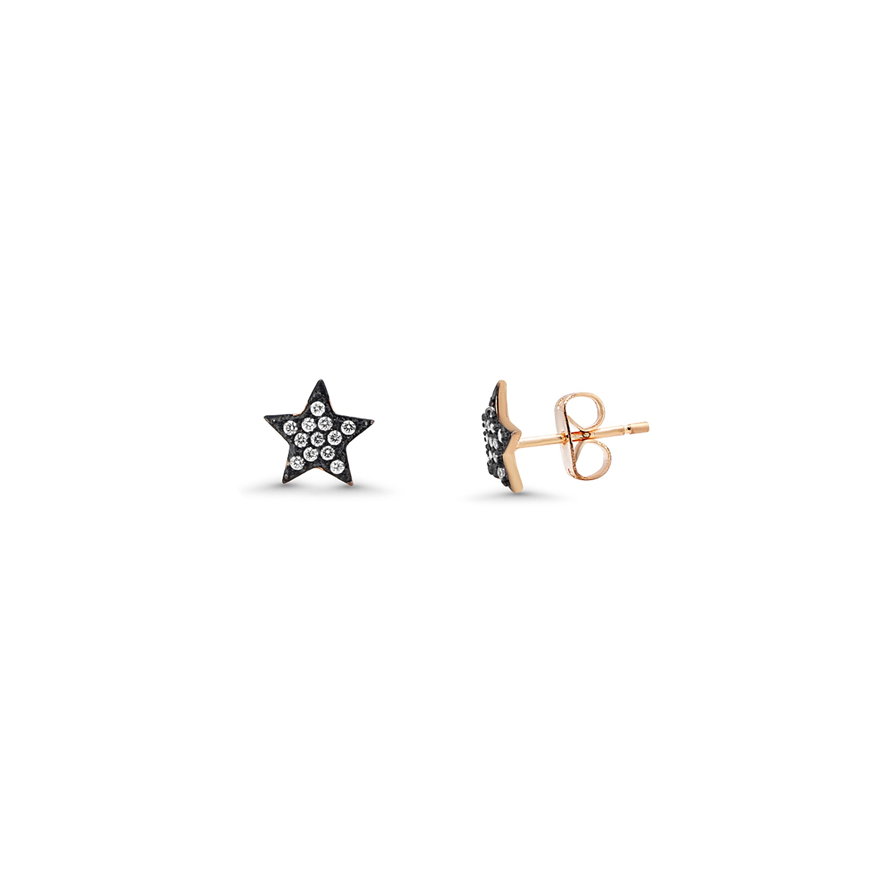 Black Rhodium & Rose Gold Plated 925 SIlver Clear Mini Star CZ Stud Earring and Necklace Set - BGS00278