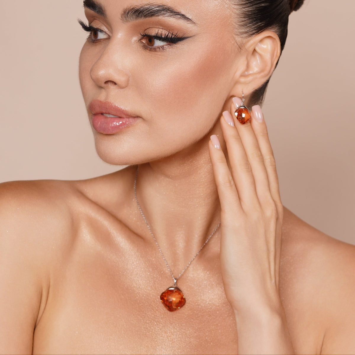 Rhodium Plated Sterling Silver Orange Cushion-Cut CZ Pendant Necklace & Dangle Earrings Set - BGS00283