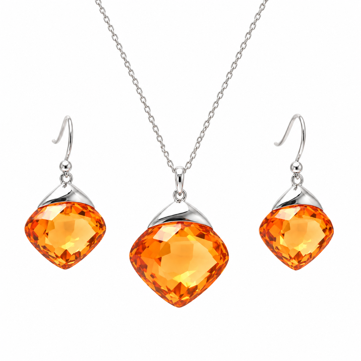 Rhodium Plated Sterling Silver Orange Cushion-Cut CZ Pendant Necklace & Dangle Earrings Set - BGS00283