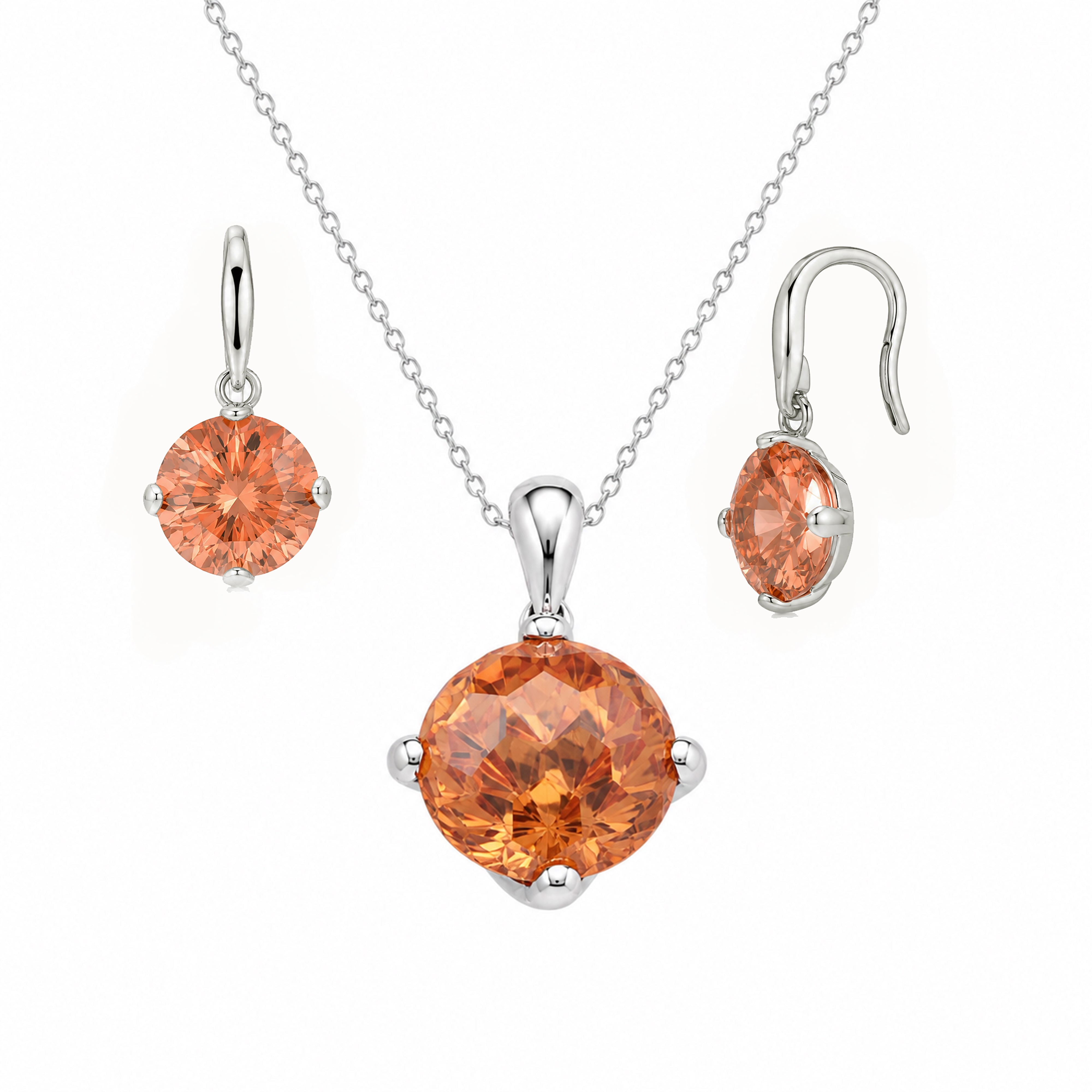 Juego de aretes y collar con gancho de circonita marrón redondo chapado en rodio de plata 925 - BGS00285