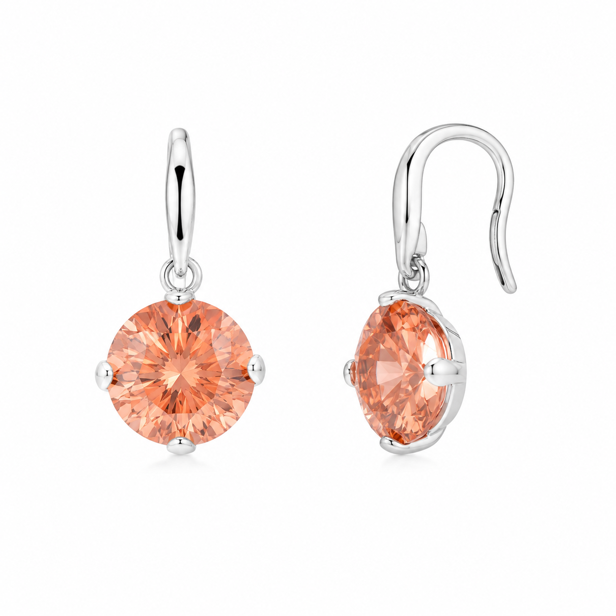 Juego de aretes y collar con gancho de circonita marrón redondo chapado en rodio de plata 925 - BGS00285
