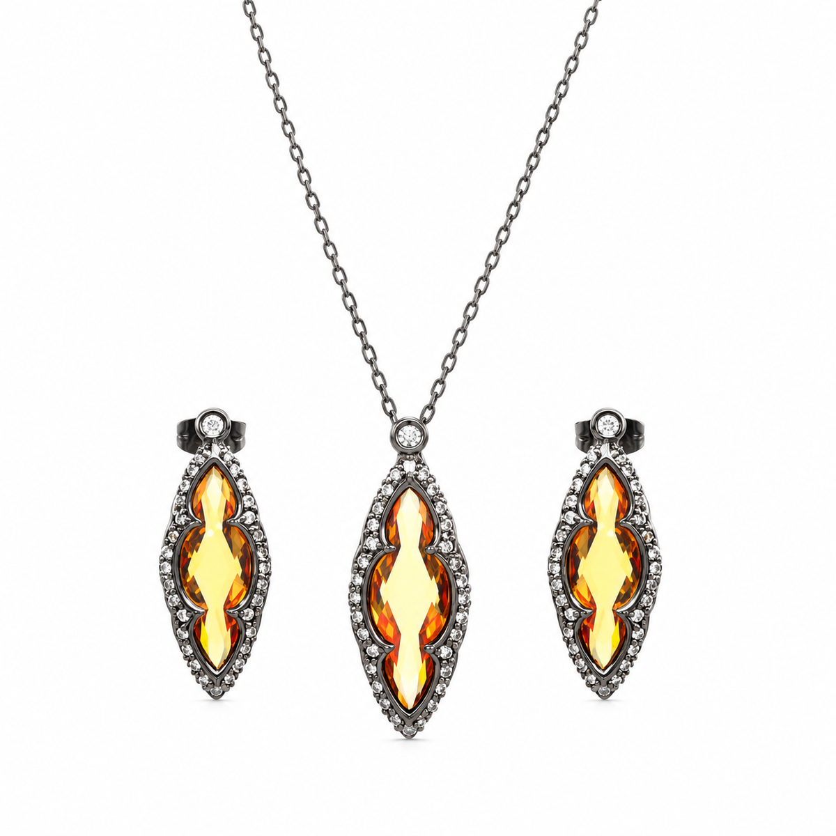 Black Rhodium Plated 925 Sterling Silver Champagne and Clear Marquise Shaped CZ Dangle Earring and Necklace Set - BGS00309