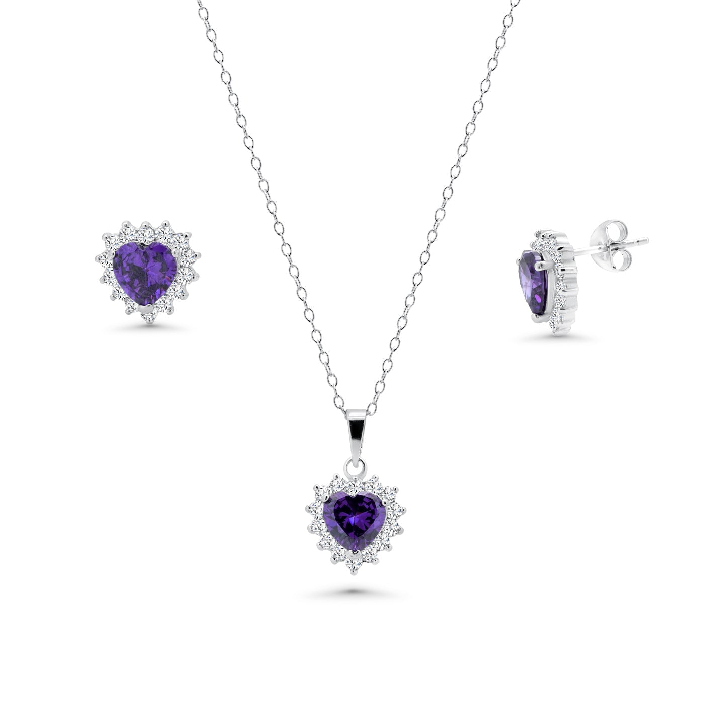Conjunto de corazón morado en plata de ley 925 rodiada - BGS00324