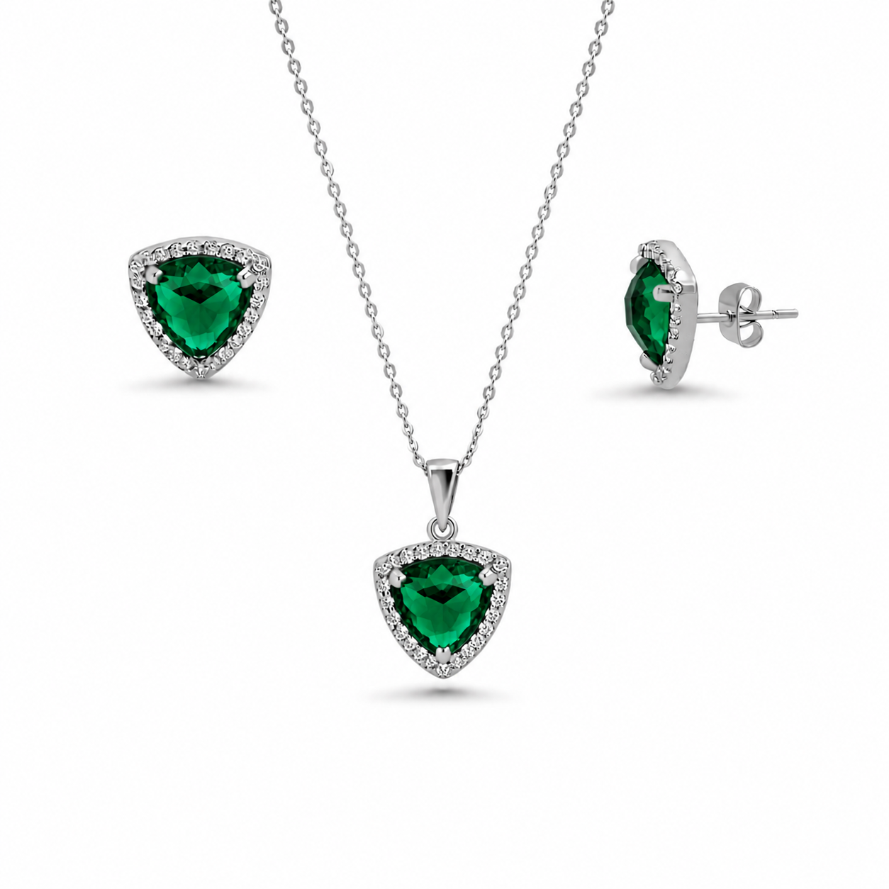 Rhodium Plated 925 Sterling Silver Birtstone CZ Triangle Cusion Earring & Pendant Set - BGS00326| BGS00327 | BGS00328 | BGS00329