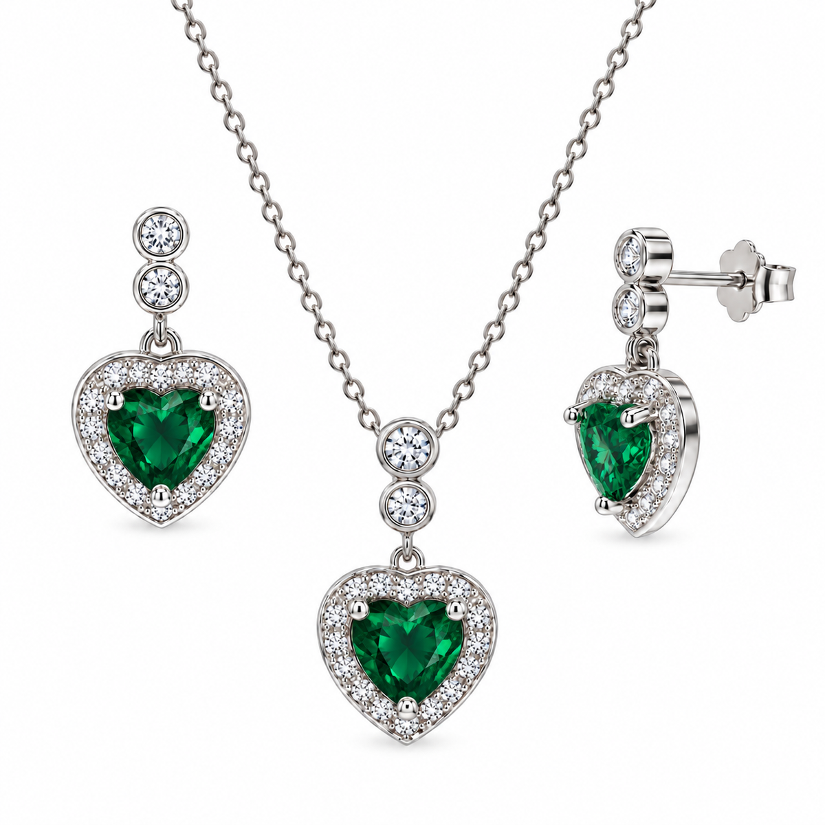 Juego de collar y aretes colgantes con circonita cúbica en forma de corazón transparente y rojo chapado en rodio en plata 925 - BGS00372