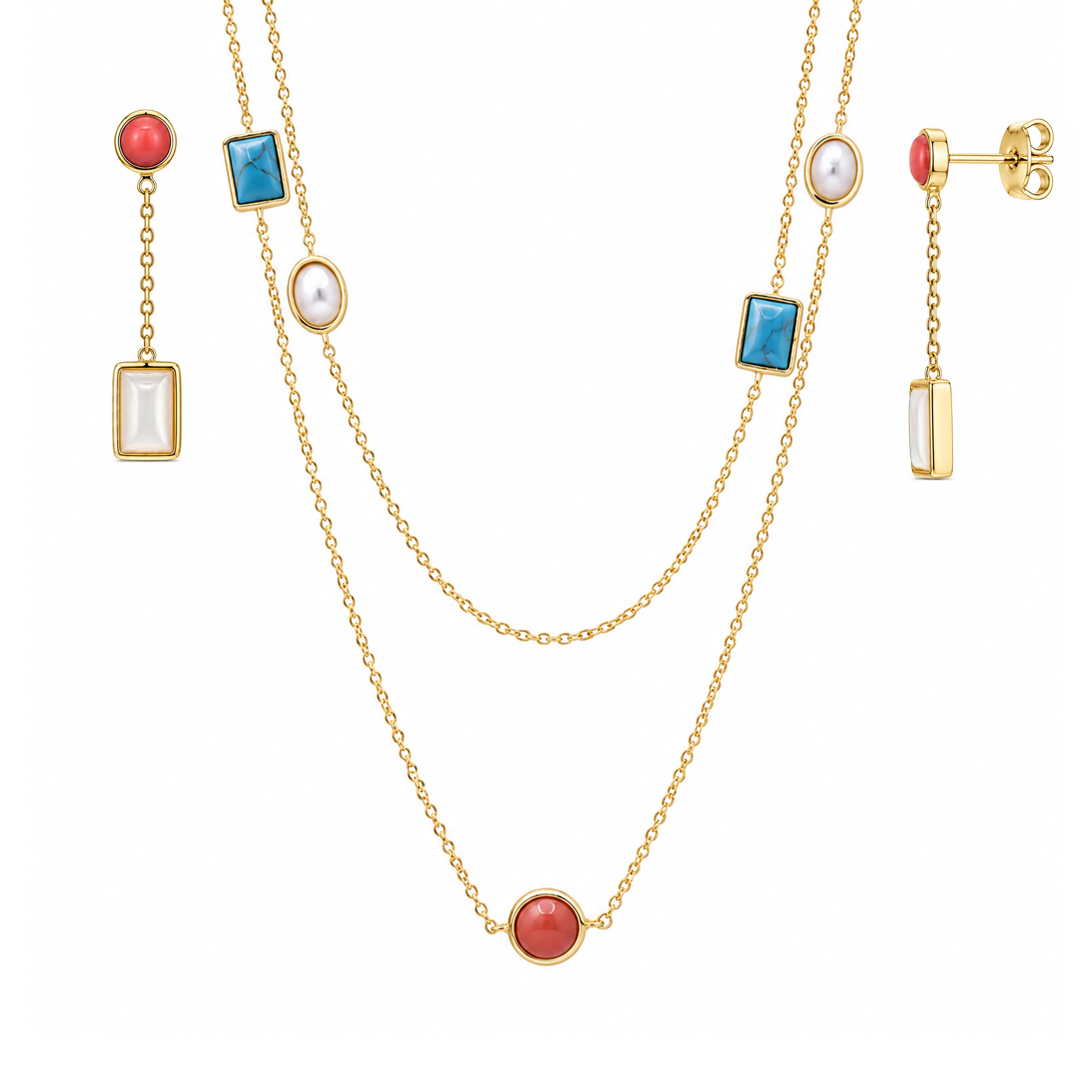 Juego de aretes y collar colgantes de concha de abulón blanco, coral turquesa, chapado en oro, plata 925 - BGS00416GP