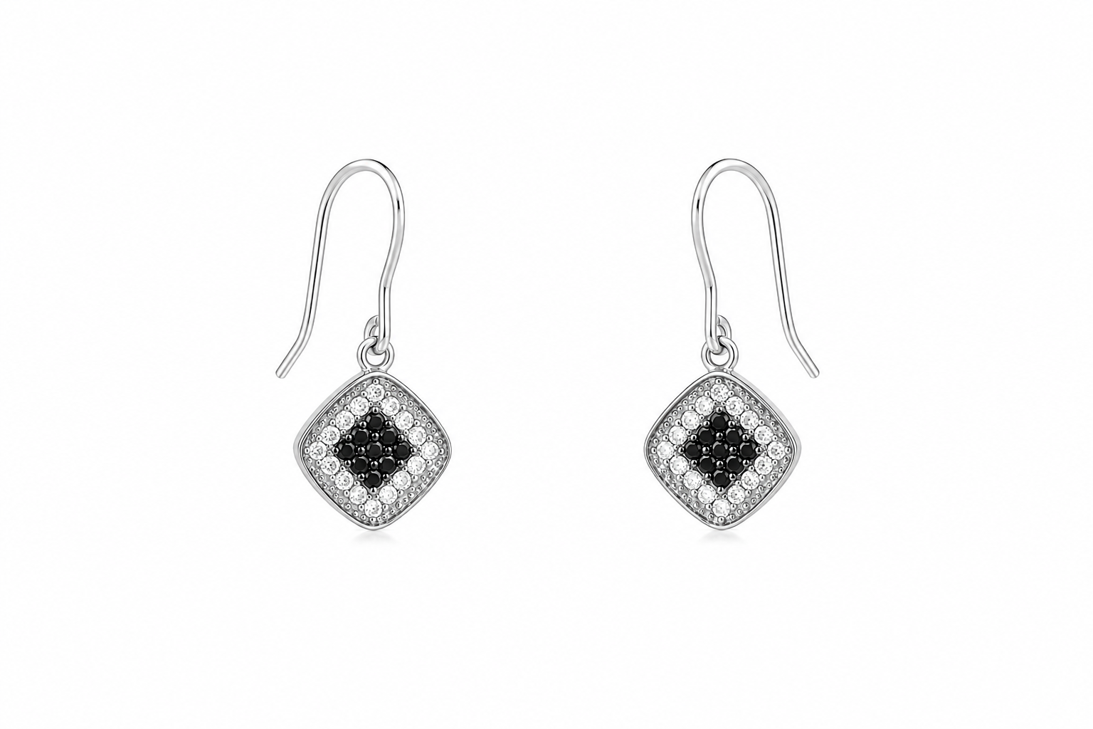 Rhodium Plated 925 Silver Black & Clear CZ Diamond Shaped Earring and Necklace Set - BGS00417