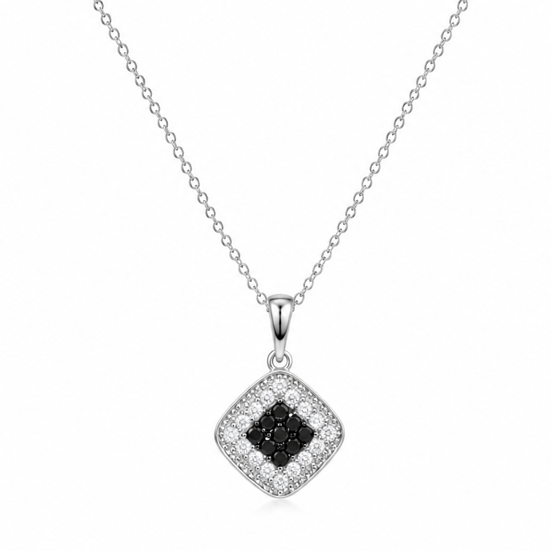 Rhodium Plated 925 Silver Black & Clear CZ Diamond Shaped Earring and Necklace Set - BGS00417