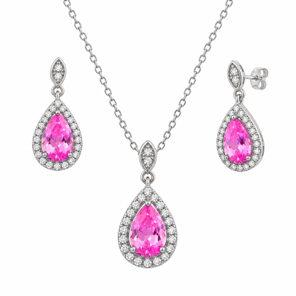 Conjunto de aretes colgantes y collar colgante con circonita cúbica en forma de lágrima rosa, chapado en rodio, plata 925, BGS00427