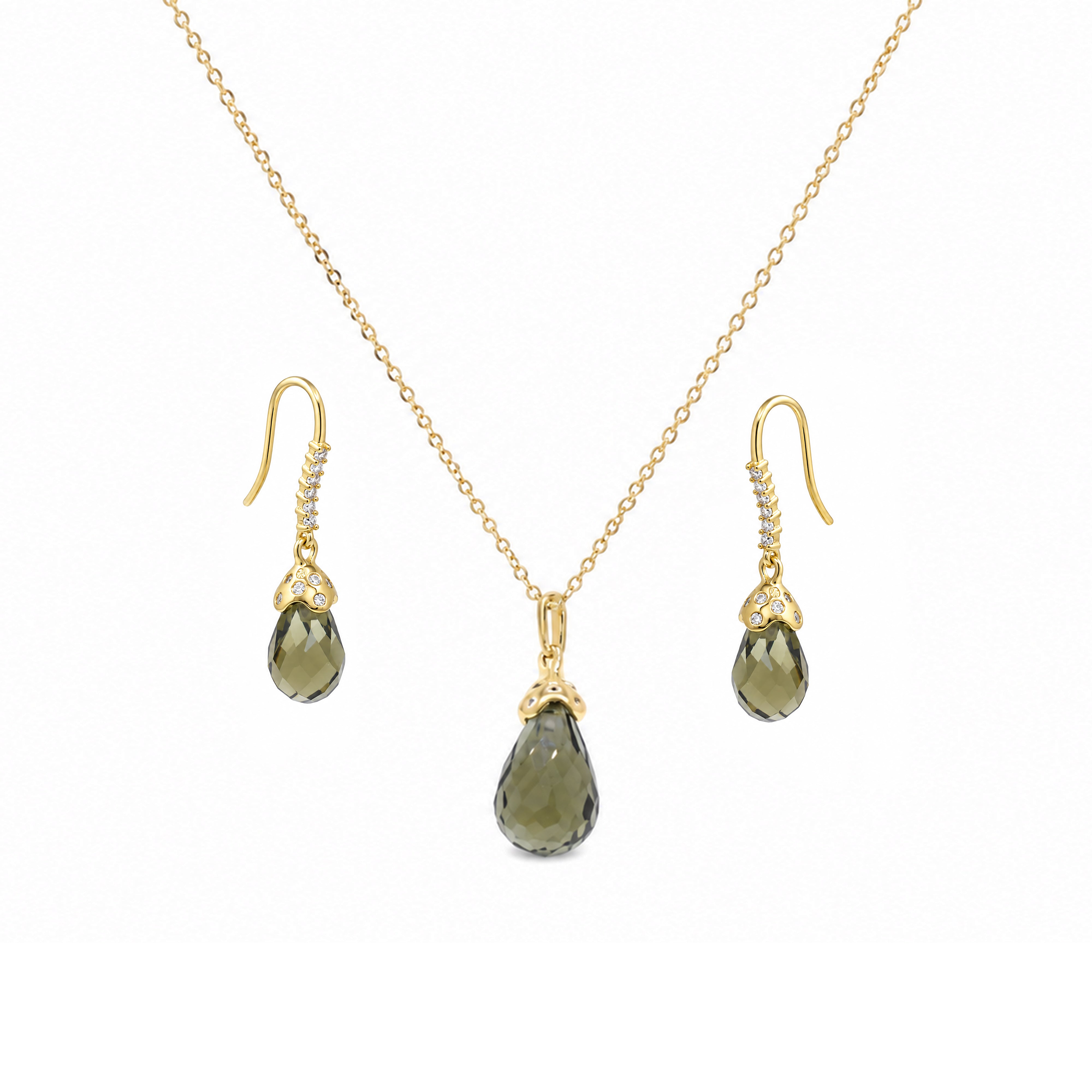 Clearance-Gold Plated 925 Silver Green Teardrop CZ Dangle Earring and Necklace Set - BGS00428