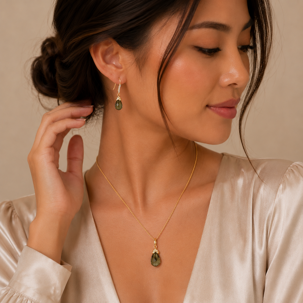 Clearance-Gold Plated 925 Silver Green Teardrop CZ Dangle Earring and Necklace Set - BGS00428