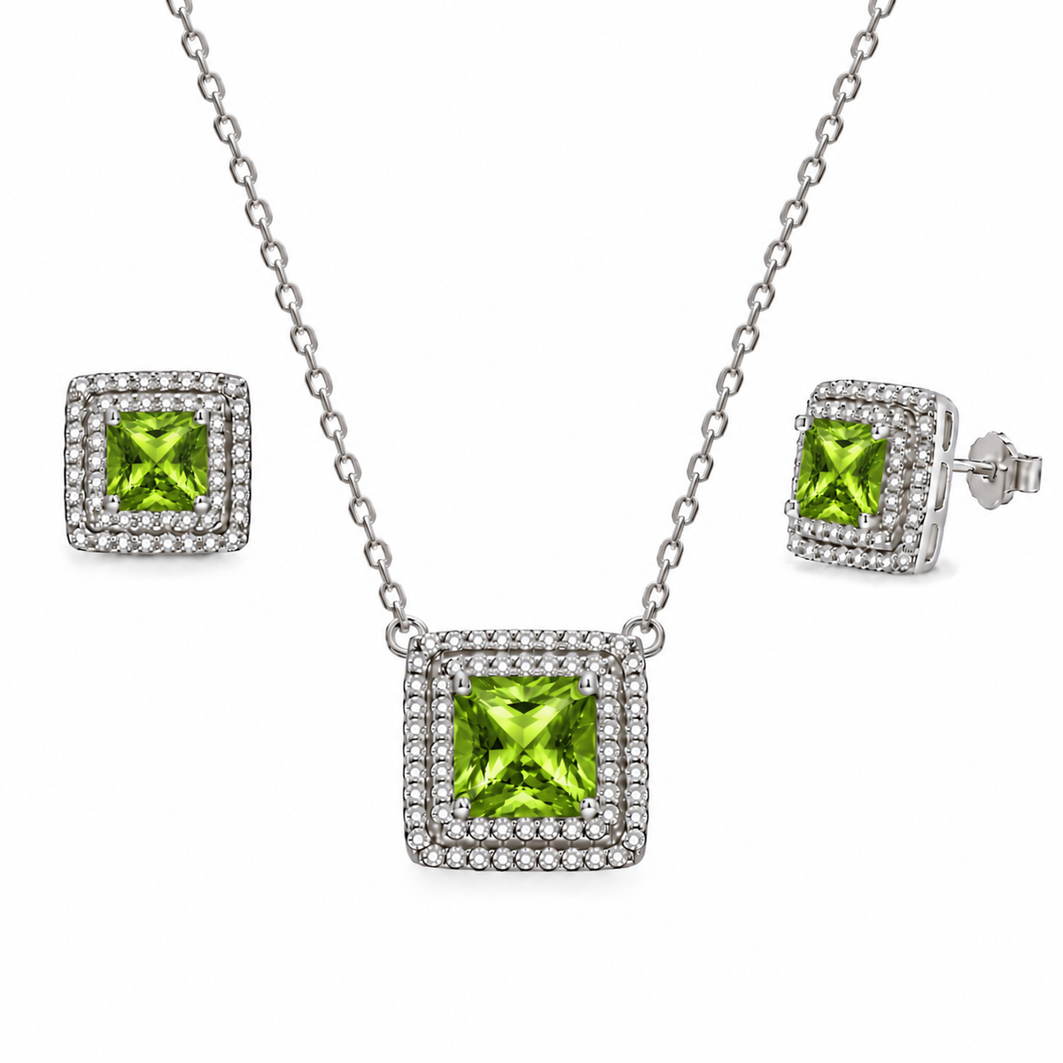 Juego de aretes y dije de plata de ley 925 chapada en rodio con piedra de nacimiento de circonita cúbica cuadrada - BGS00455