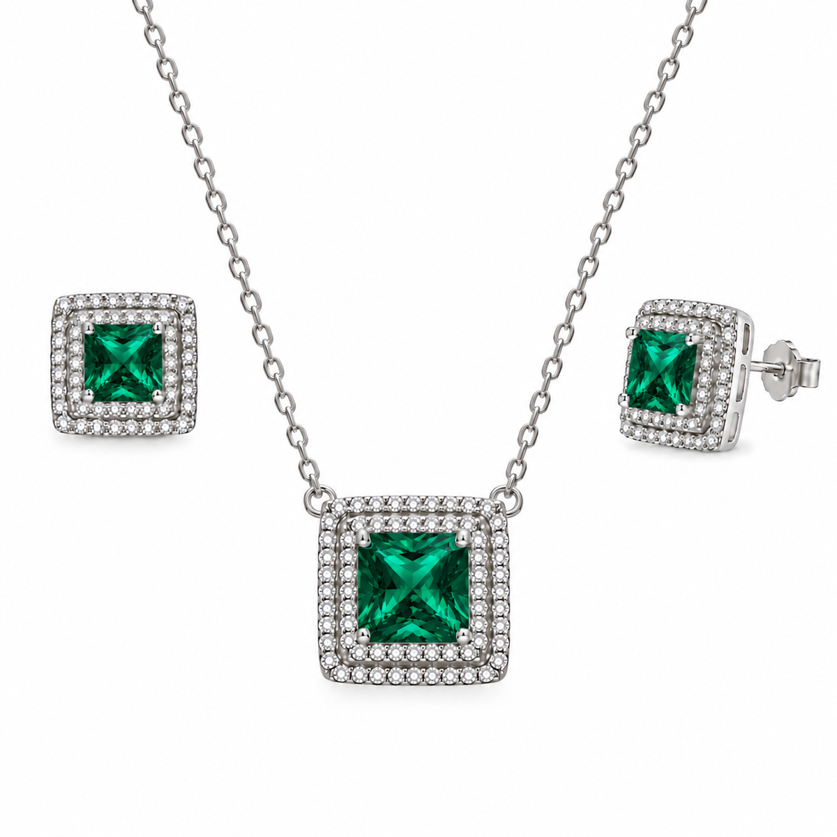 Juego de aretes y dije de plata de ley 925 chapada en rodio con piedra de nacimiento de circonita cúbica cuadrada - BGS00455