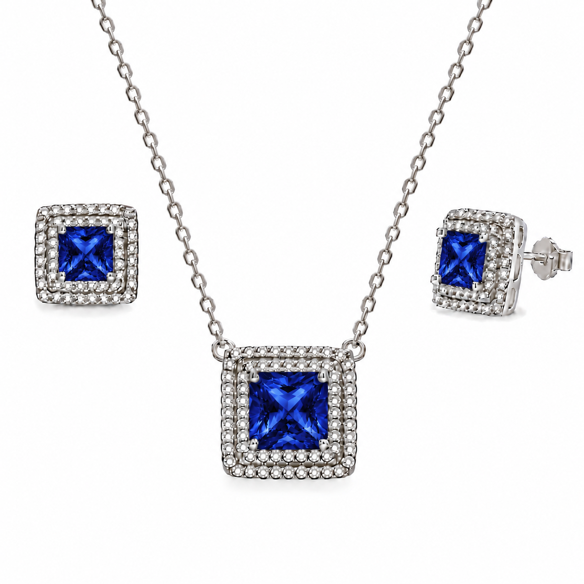 Juego de aretes y dije de plata de ley 925 chapada en rodio con piedra de nacimiento de circonita cúbica cuadrada - BGS00455