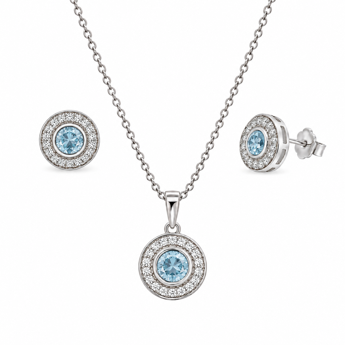 Rhodium Plated 925 Sterling Silver Halo CZ Birthstone Earring & Pendant Sets - BGS00481