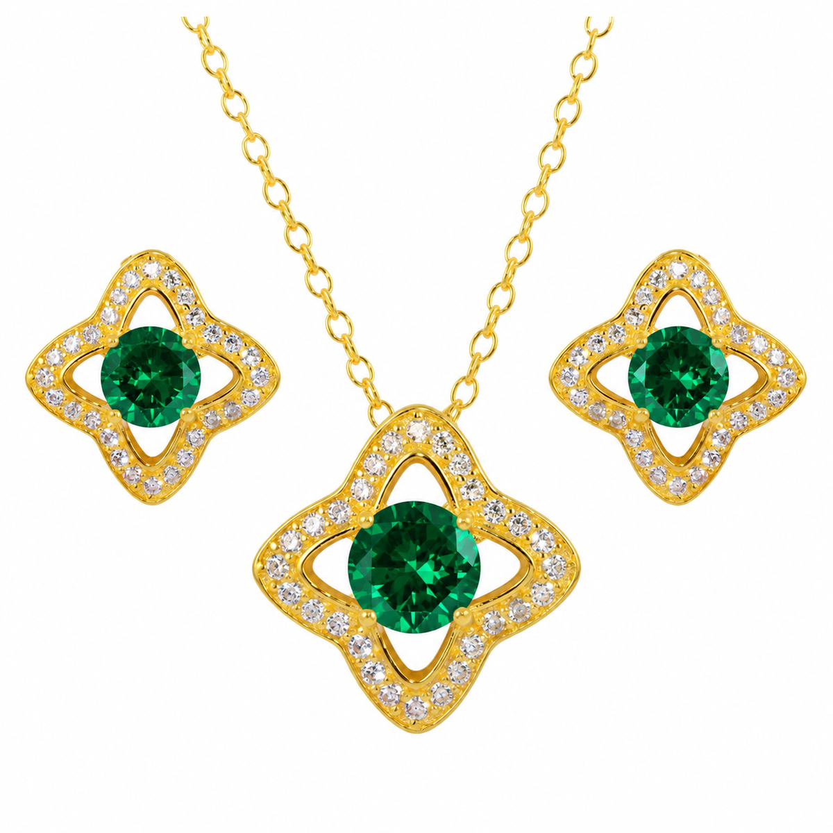 Gold Plated 925 Sterling Silver Clover with CZ BirthstoneEarring and Pendant Necklace Set - BGS00523