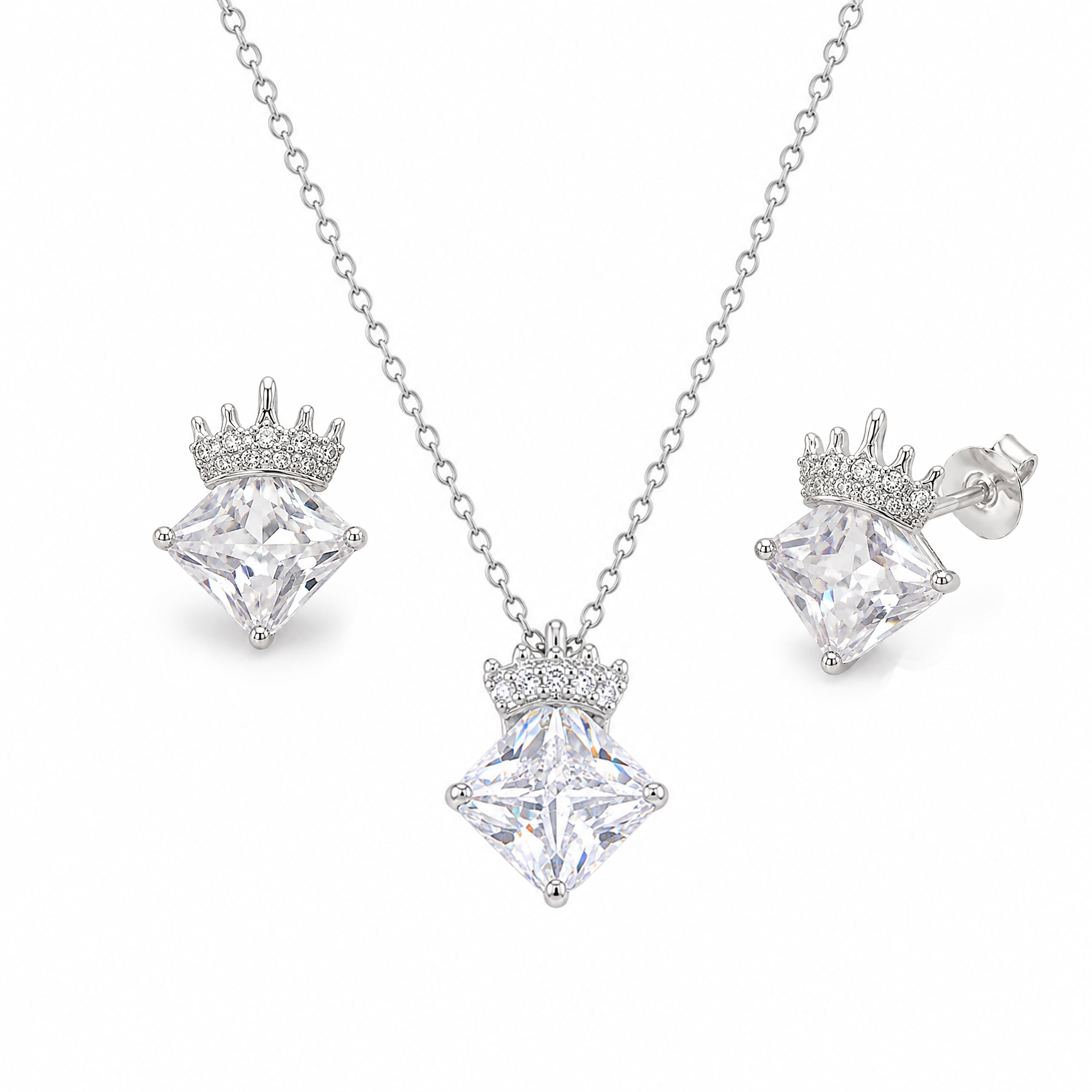 Conjunto de collar y pendientes con colgante de corona y circonita cúbica en plata de ley 925 rodiada - BGS00539