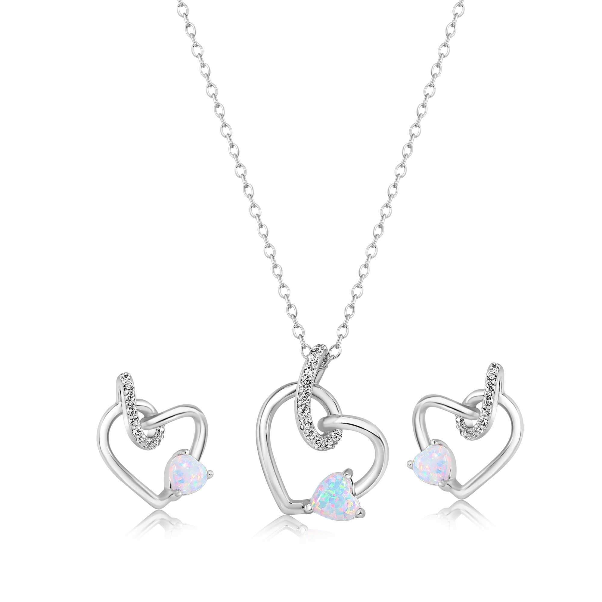 Conjunto de pendientes y colgante de plata de ley 925 rodiada con corazones entrelazados, ópalo sintético y circonita cúbica transparente - BGS00627