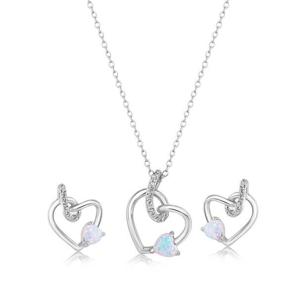 Rhodium Plated 925 Sterling Silver Intertwined Hearts Synthetic Opal and Clear CZ Earring and Pendant Set - BGS00627