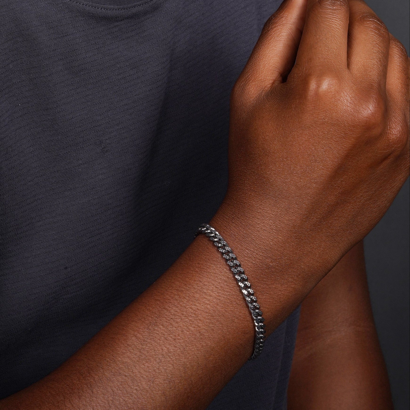 925 Sterling Silver Curb Pyramid Pave Chain or Bracelet