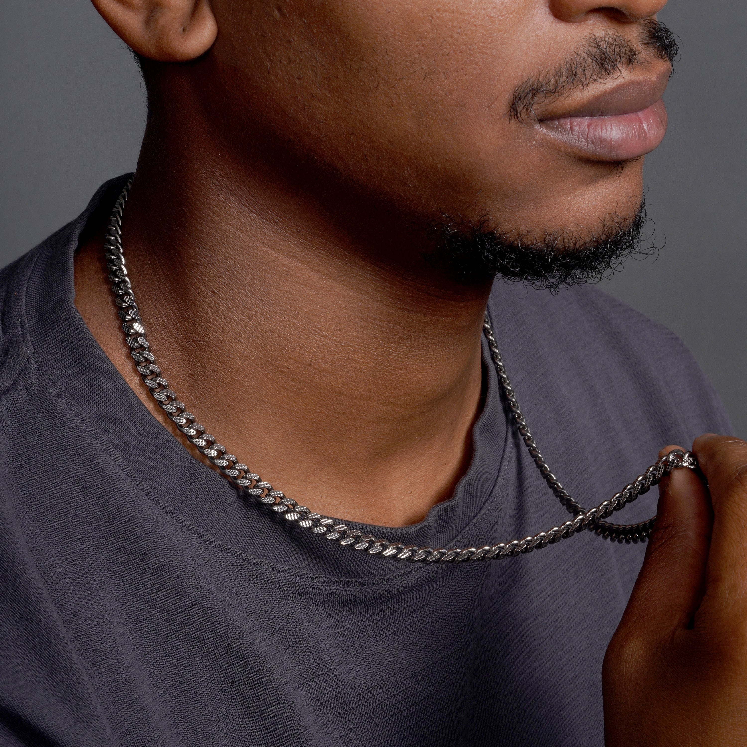 925 Sterling Silver Curb Pyramid Pave Chain or Bracelet