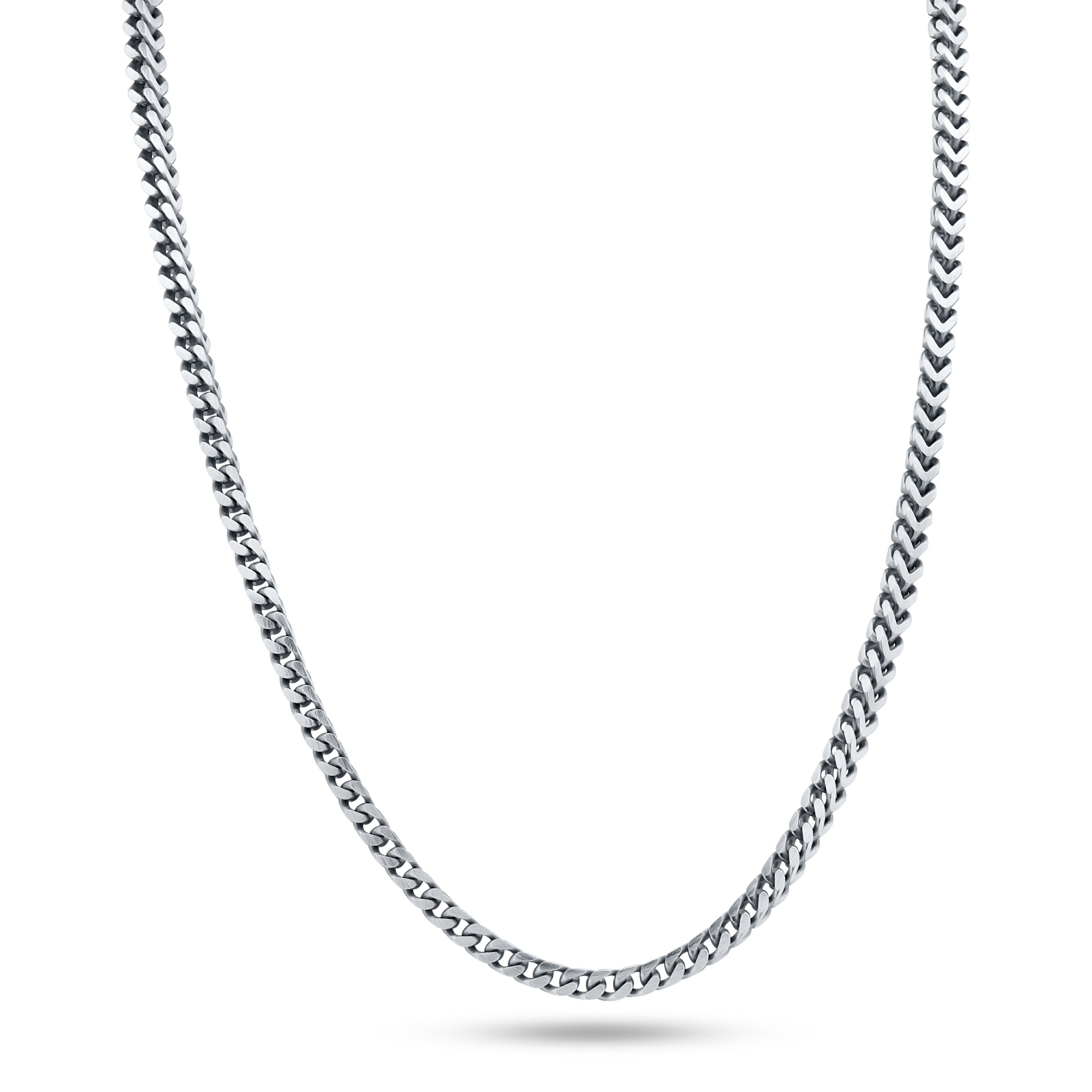 A silver-colored 925 sterling gun metal plated Franco chain necklace with interlocking links. #plating_gun metal