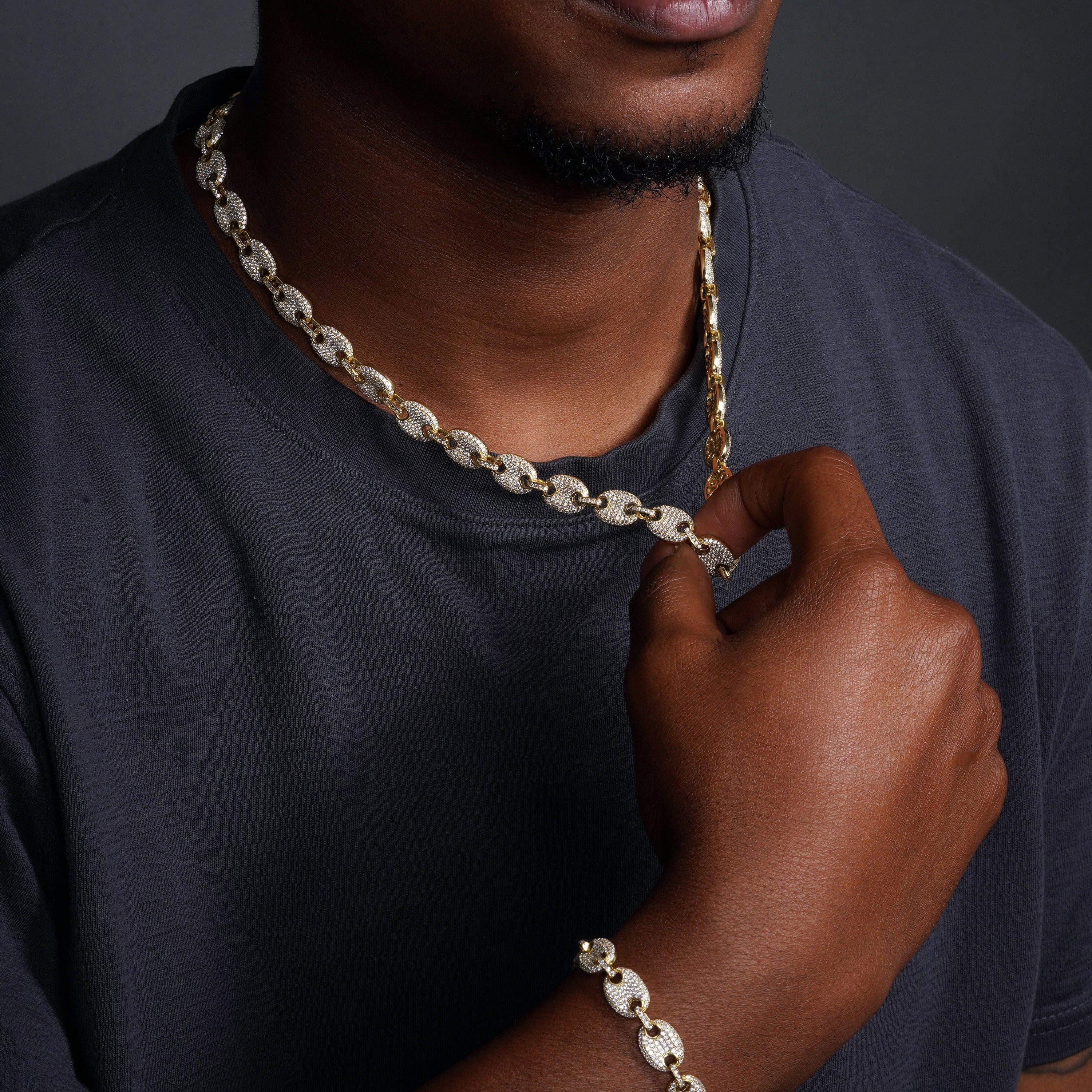 Gold Plated 925 Sterling Silver CZ Encrusted Oval Link Chain or Bracelet 10.5mm - CHCZ114 GP