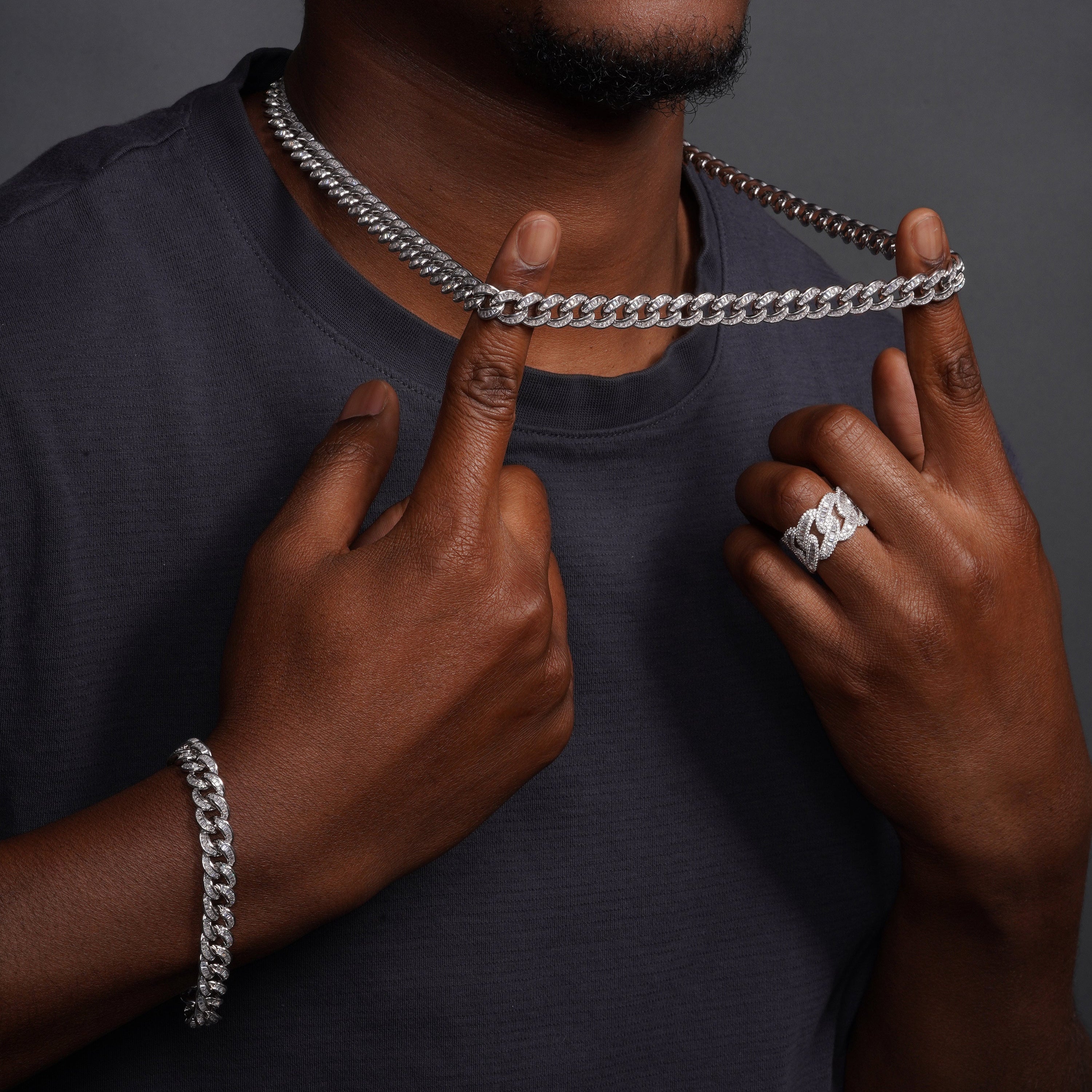 Cadena o pulsera de plata de ley 925 rodiada con circonitas cúbicas talla baguette de 10,9 mm - CHCZ116 RH