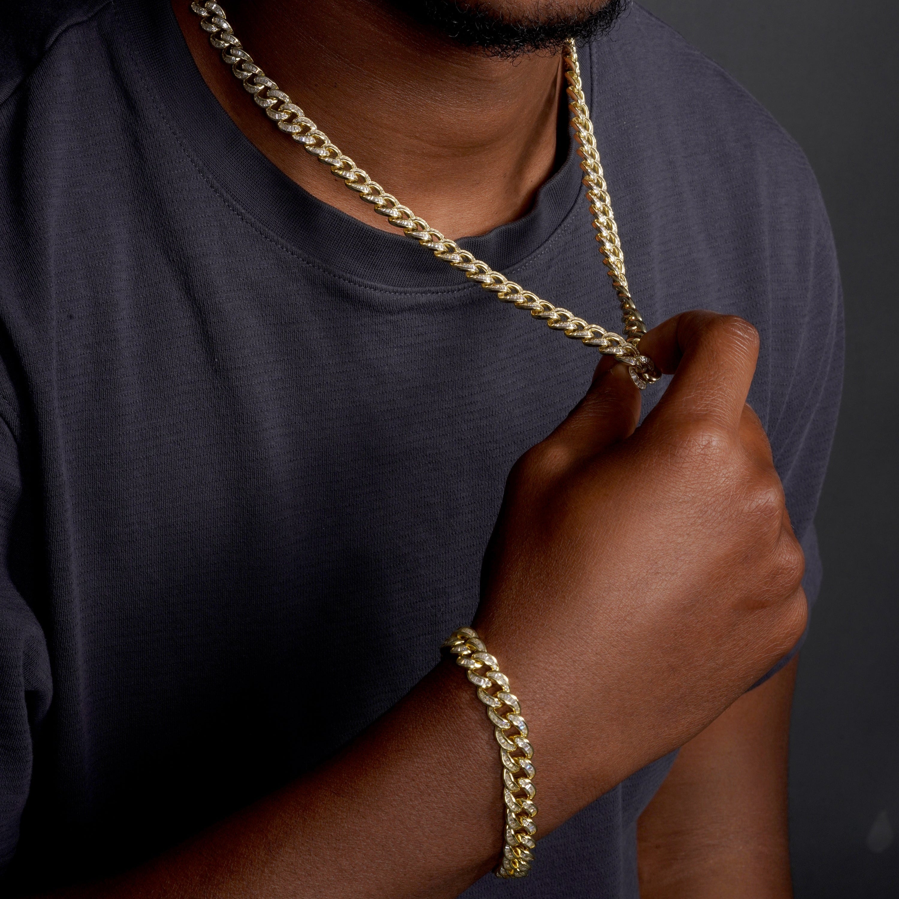 Gold Plated 925 Sterling Silver Baguette CZ Encrusted Curb Chain or Bracelet 10.9mm - CHCZ116 GP