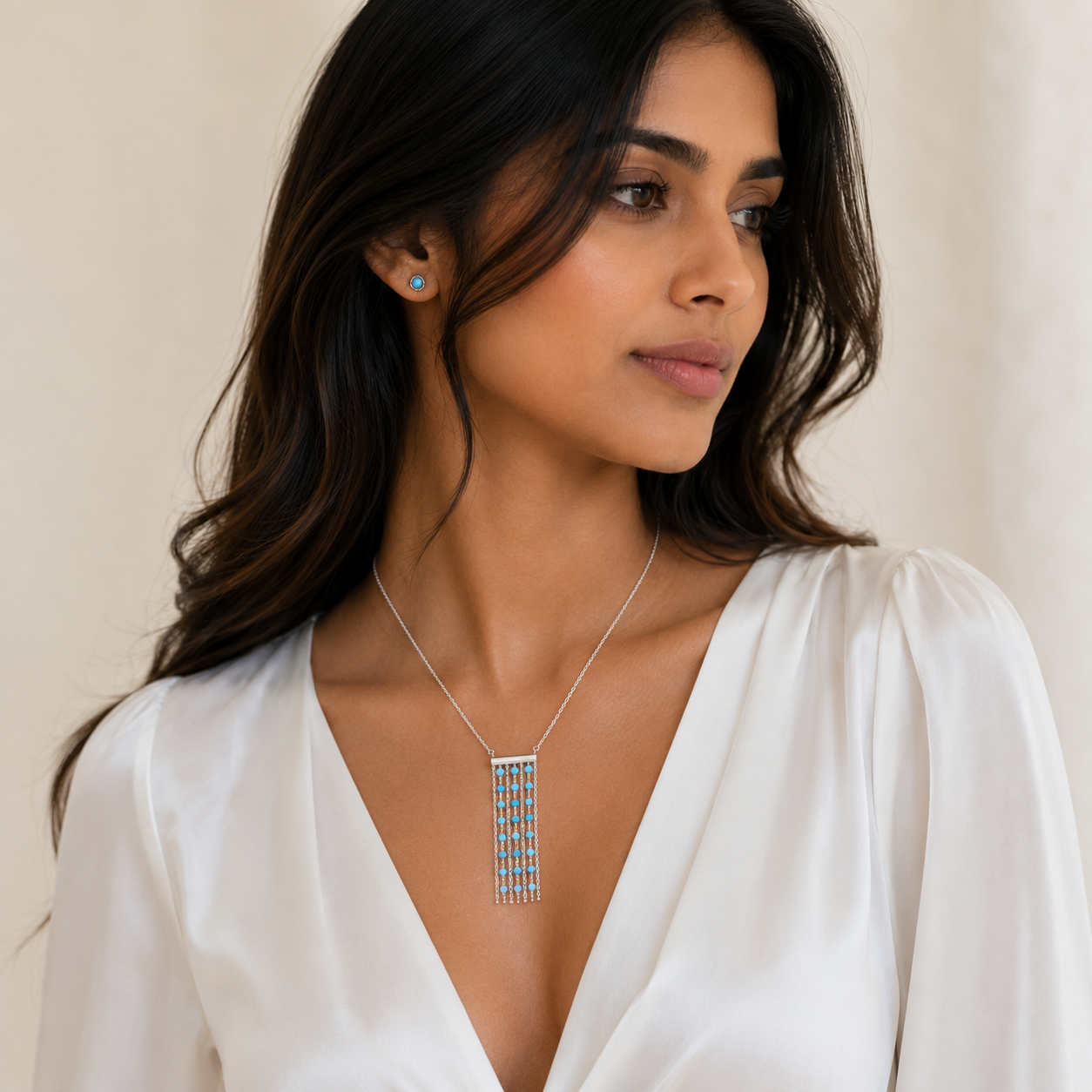 Collar de cadena de cuentas de turquesa con baño de rodio en plata de ley 925 - DIN00069RH-TQ