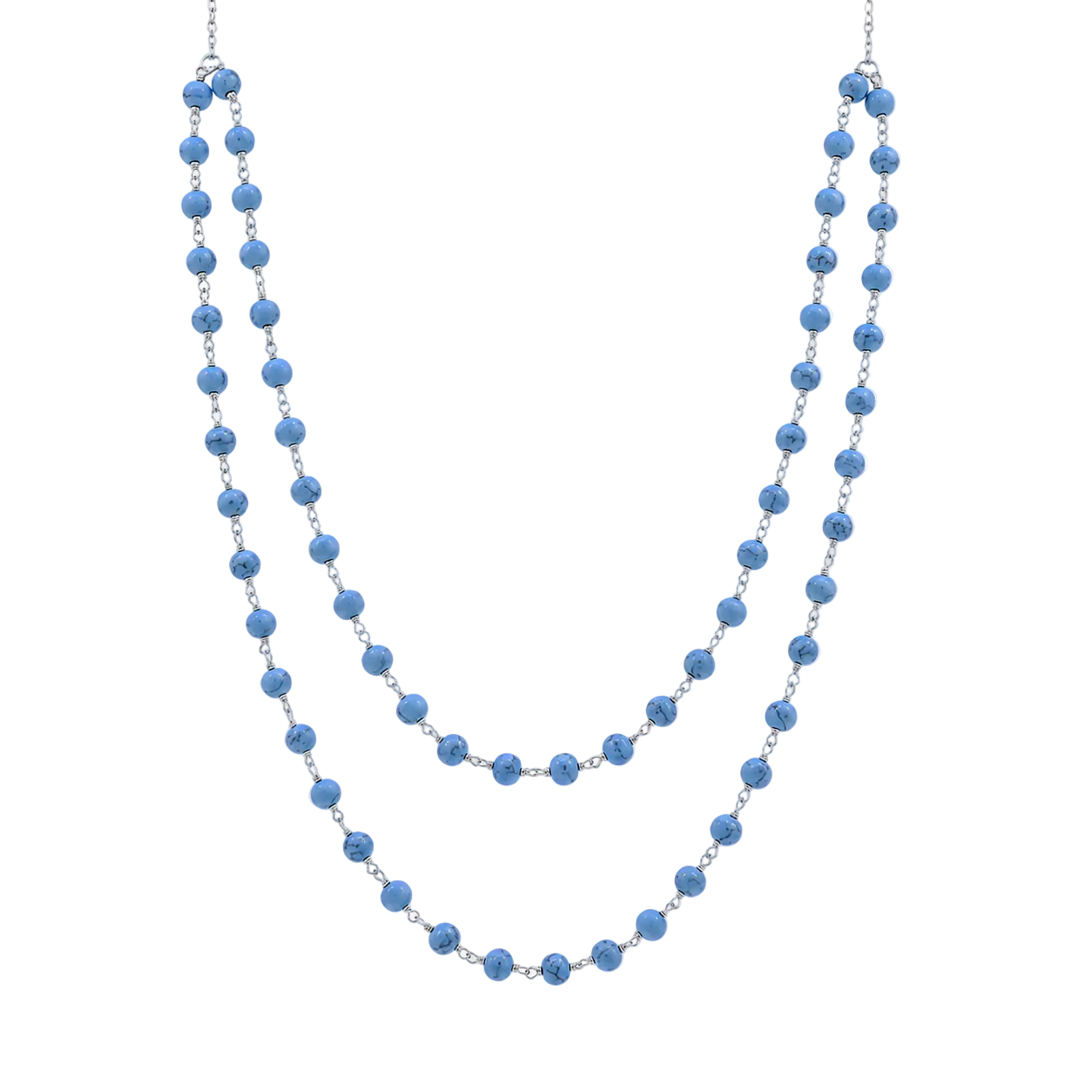 Plated 925 Sterling Silver Layered Double Strand Turquoise Bead Necklace - DIN00070