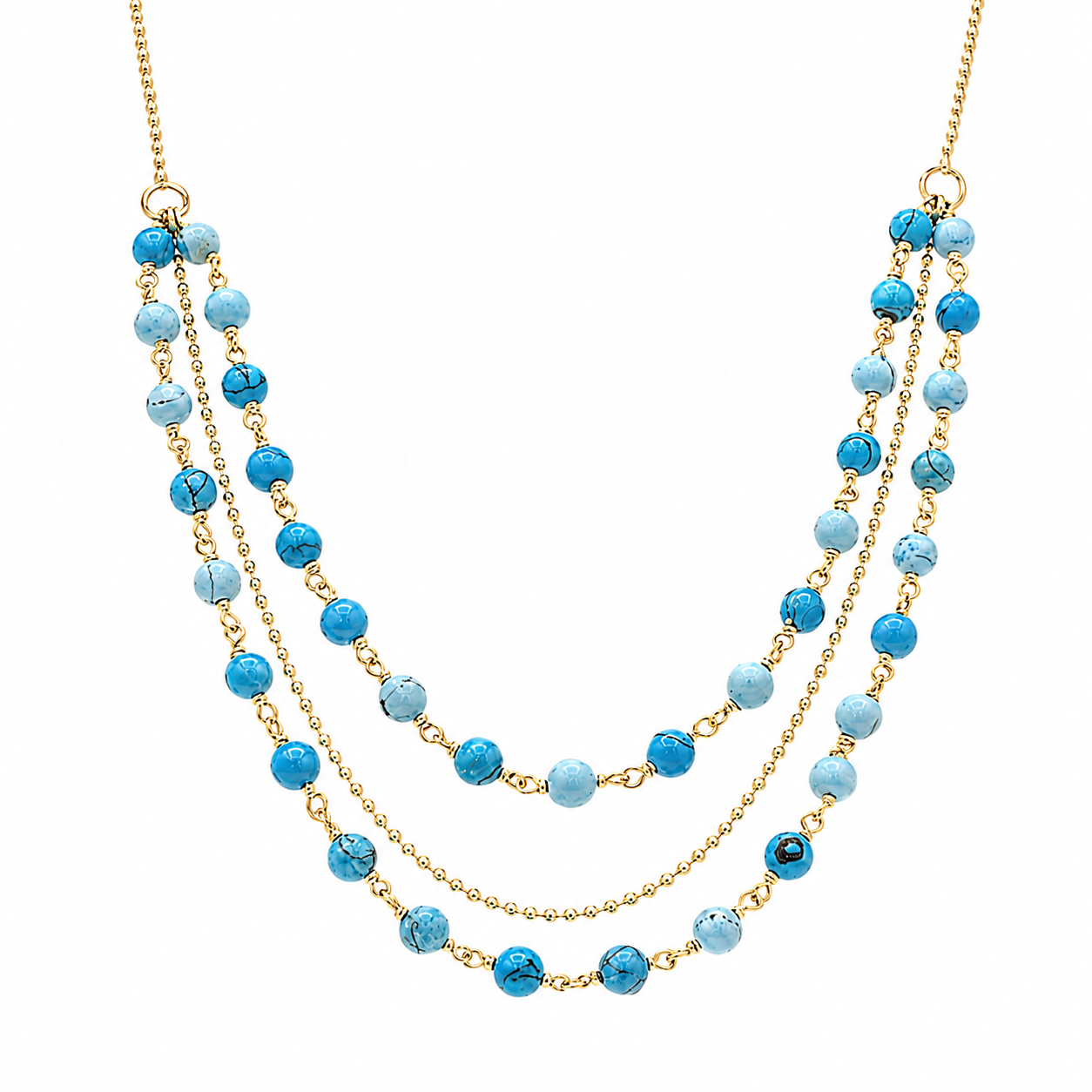 Collar de tres vueltas con cuentas turquesas en plata de ley 925 rodiada - DIN00071RH