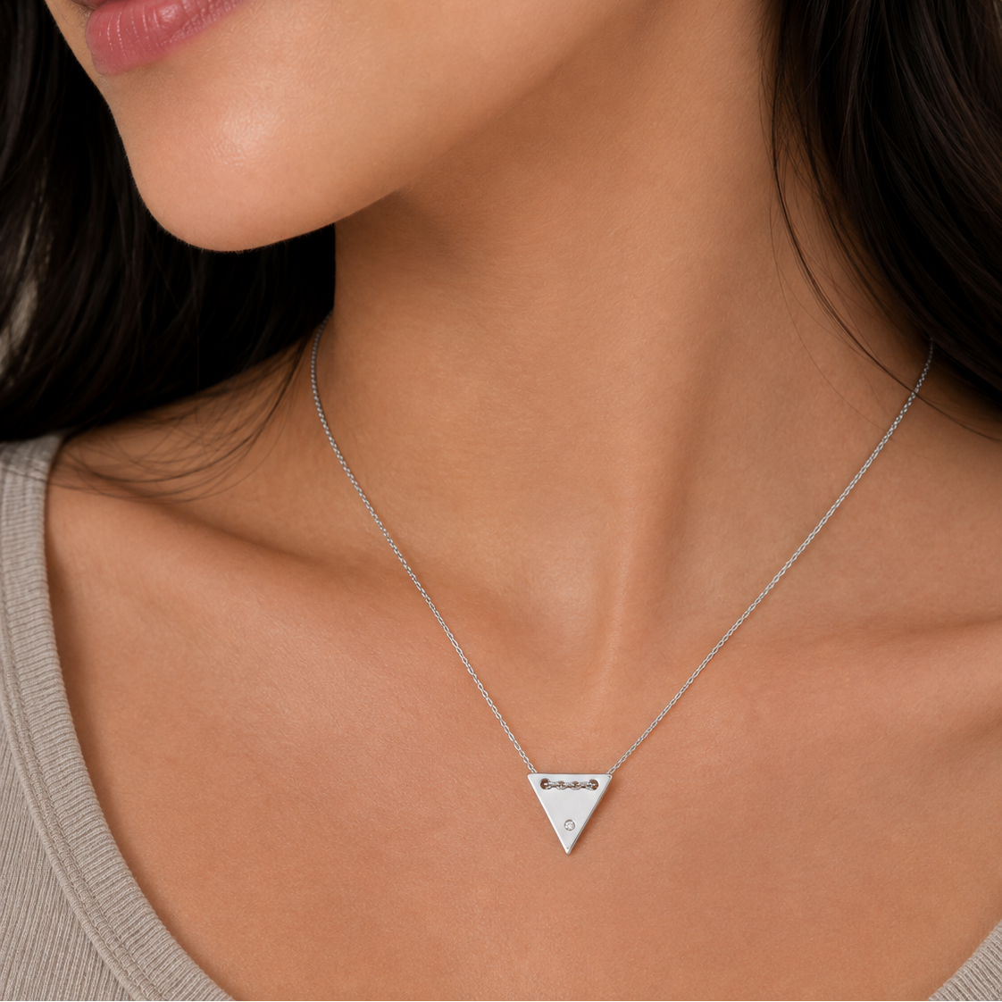 Plated 925 Sterling Silver Engravable Upside Down Triangle with CZ Pendant Necklace - DIN00078